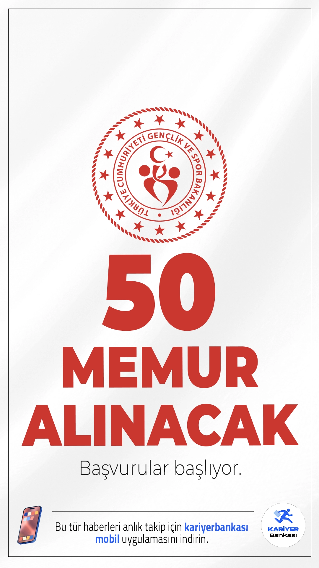 GSB 50 Memur Alımı Başvurusu Başlıyor.Gençlik ve Spor Bakanlığı (GSB), Rehberlik ve Denetim Başkanlığı bünyesinde görev yapmak üzere 50 memur alımı için başvuru işlemleri 9 Şubat'ta başlıyor. Adaylar KPSS puanı, yazılı ve sözlü sınav başarılarına göre belirlenecek.Başvuru yapacak adayların genel ve özel şartları sağlaması gerekmektedir. İşte şartlar ve başvuru bilgileri..