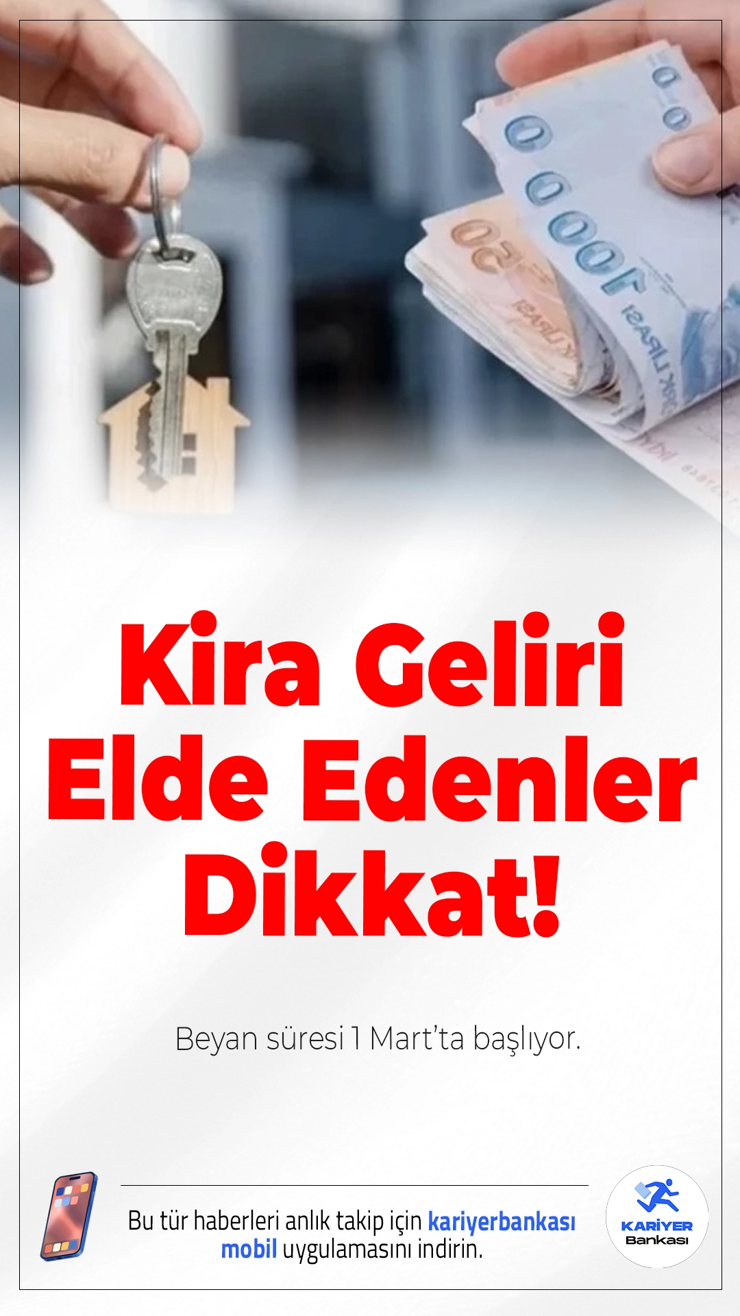 Kira Geliri Elde Edenler Dikkat! Beyan Süresi 1 Mart’ta Başlıyor.Gayrimenkul sahiplerini yakından ilgilendiren kira geliri beyan süreci için geri sayım başladı. Konut ya da iş yerinden kira geliri elde eden mülk sahipleri, 1 Mart itibarıyla beyannamelerini vermeye başlayabilecek. Süreç 31 Mart’ta sona erecek.