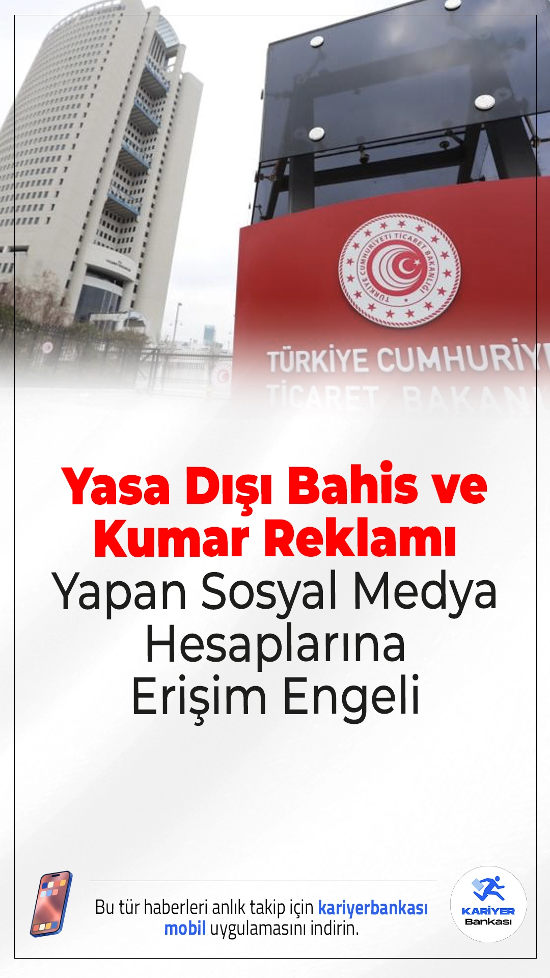 Yasa Dışı Bahis ve Kumar Reklamı Yapan Sosyal Medya Hesaplarına Erişim Engeli.Ticaret Bakanlığı Reklam Kurulu, yasa dışı bahis ve kumar reklamı yaptığı tespit edilen 11 sosyal medya hesabına erişim engeli getirdi. Yasaklı bıçak reklamlarına ise 7,6 milyon lira ceza kesildi.