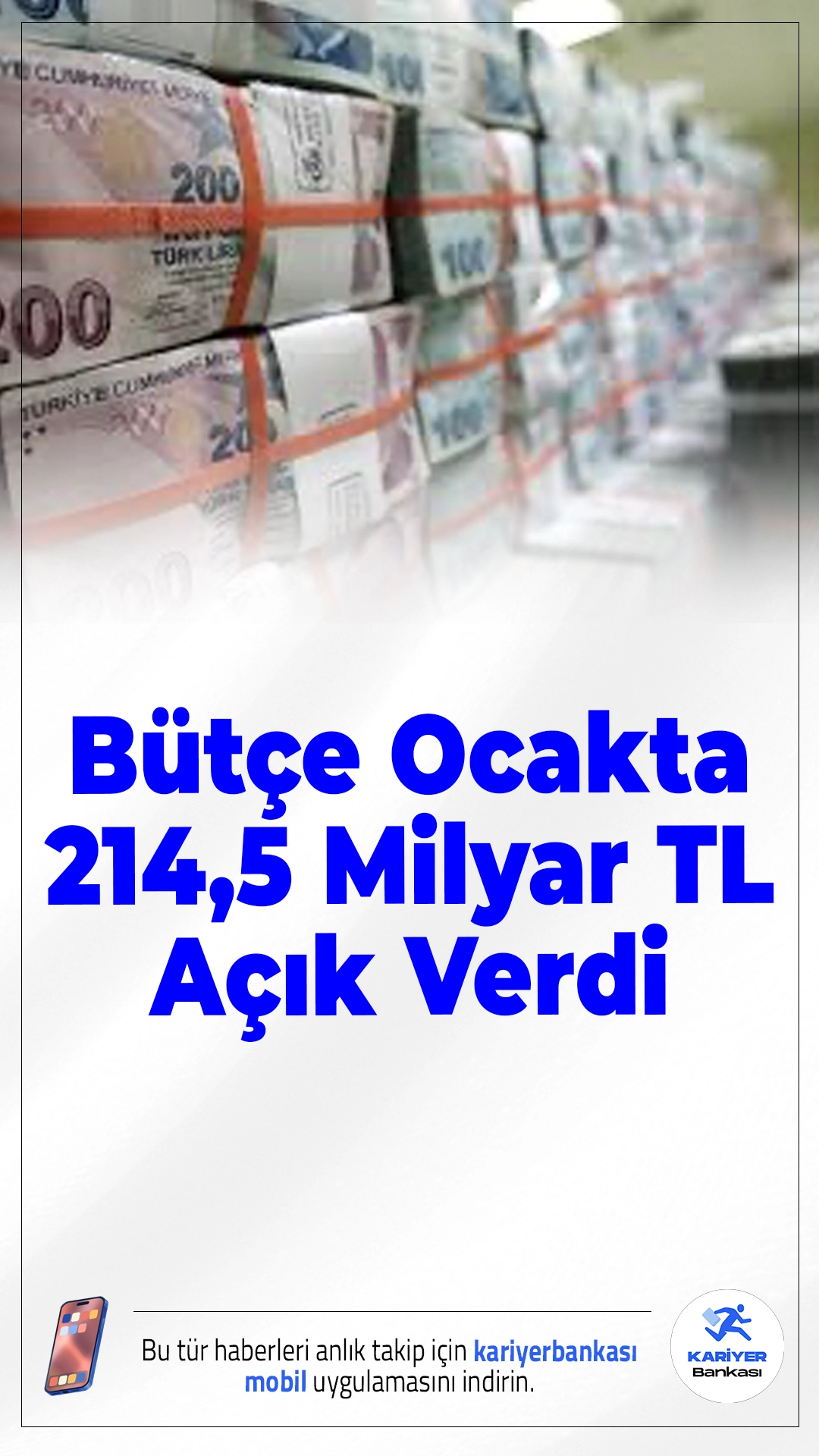 Bütçe Ocakta 214,5 Milyar TL Açık Verdi.Merkezi yönetim bütçesi ocak ayında 214,5 milyar TL açık verdi. Bütçe gelirleri 1,42 trilyon TL, giderler ise 1,63 trilyon TL olarak gerçekleşti.