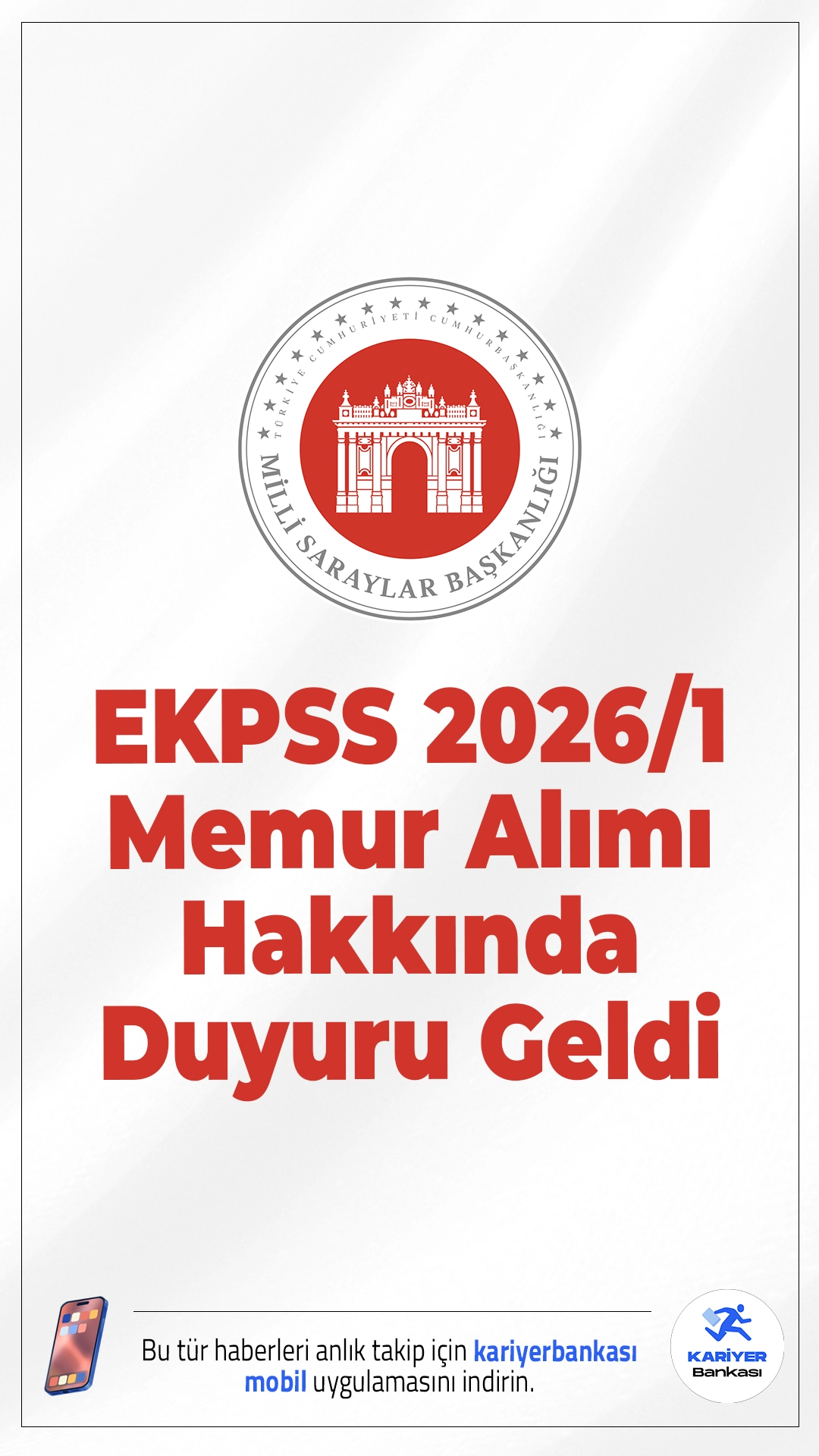 Milli Saraylar EKPSS 2026/1 Memur Alımı Hakkında Duyuru. Mili Saraylar İdaresi sayfasından yayımlanan duyuruda, 2026/1 EKPSS Yerleştirme Sonuçlarına göre Başkanlık kadrolarına yerleştirilmeye hak kazanan adayların aşağıdaki belgelerle birlikte en geç 20/02/2026 Cuma günü 17:00’a kadar Personel Dairesi Başkanlığına şahsen ya da posta yoluyla müracaat etmeleri gerektiği aktarıldı.