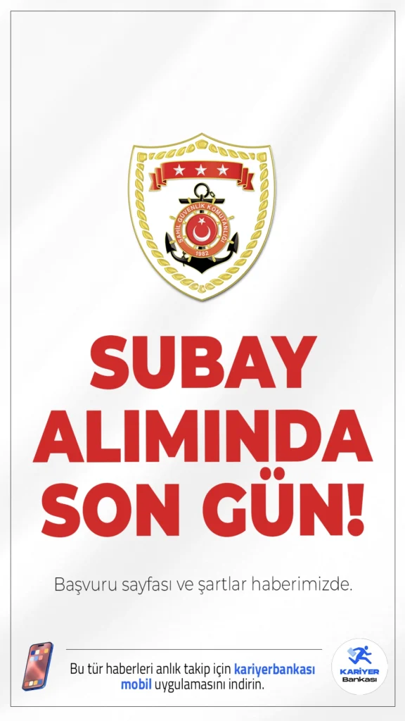 Sahil Güvenlik 40 Subay Alımı Sona Eriyor.Sahil Güvenlik Komutanlığı subay alımı başvurularında sona gelindi.İlgili duyuruya göre alımlar, Jandarma ve Sahil Güvenlik Akademisi Başkanlığı bünyesinde gerçekleştirilecek eğitim-öğretim sonrası yapılacak. Başvuru işlemleri bugün (9 Şubat 2026) sona eriyor.Başvuru şartları ve diğer detaylar haberimizde.