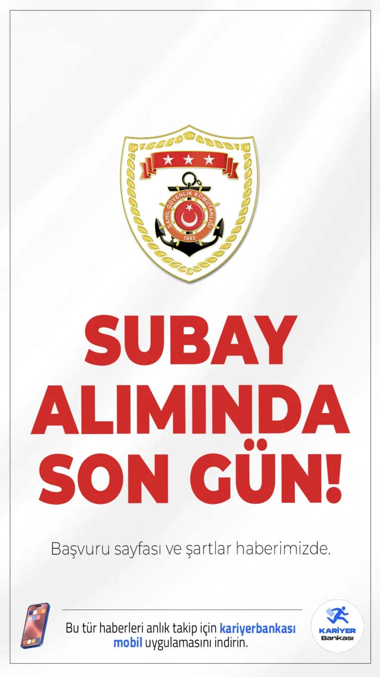 Sahil Güvenlik 40 Subay Alımı Sona Eriyor.Sahil Güvenlik Komutanlığı subay alımı başvurularında sona gelindi.İlgili duyuruya göre alımlar, Jandarma ve Sahil Güvenlik Akademisi Başkanlığı bünyesinde gerçekleştirilecek eğitim-öğretim sonrası yapılacak. Başvuru işlemleri bugün (9 Şubat 2026) sona eriyor.Başvuru şartları ve diğer detaylar haberimizde.