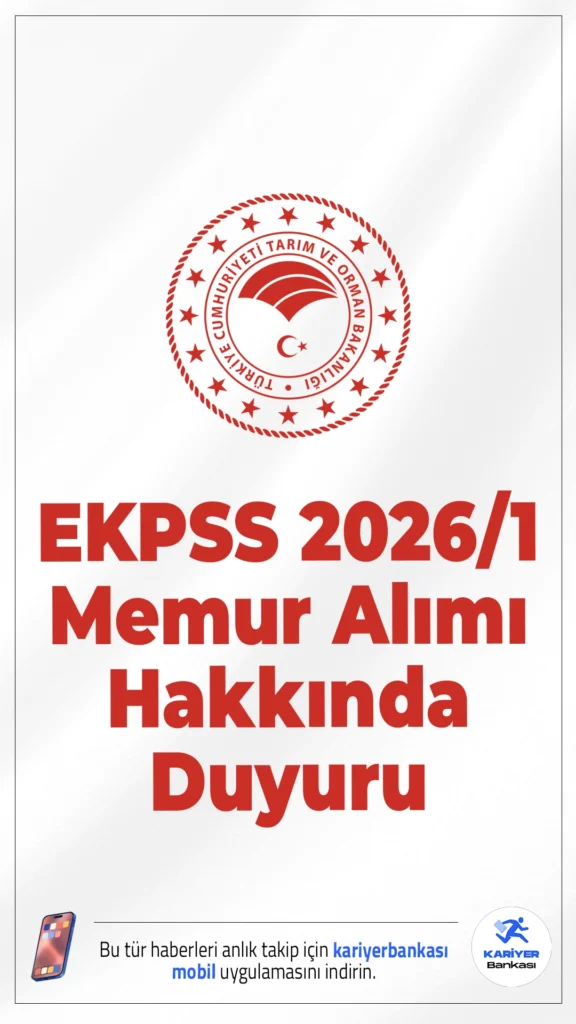 Tarım Bakanlığı EKPSS 2026/1 Memur Alımı Hakkında Duyuru. Tarım ve Orman Bakanlığı sayfasından yayımlanan duyuruda, 2026/1 EKPSS ile Engelli Kamu Personel Seçme Sınavı sonucu, ÖSYM tarafından yerleştirmesi yapılan adaylara ait yerleştirme sonuç listesine göre, açıktan atama yapılması için istenilen belgeleri 27.02.2026 tarihi mesai bitimine kadar aşağıda belirtilen adrese posta yolu ile gönderilmesi gerektiği aktarıldı.