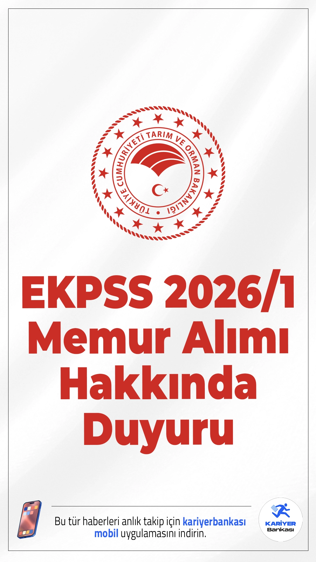 Tarım Bakanlığı EKPSS 2026/1 Memur Alımı Hakkında Duyuru. Tarım ve Orman Bakanlığı sayfasından yayımlanan duyuruda, 2026/1 EKPSS ile Engelli Kamu Personel Seçme Sınavı sonucu, ÖSYM tarafından yerleştirmesi yapılan adaylara ait yerleştirme sonuç listesine göre, açıktan atama yapılması için istenilen belgeleri 27.02.2026 tarihi mesai bitimine kadar aşağıda belirtilen adrese posta yolu ile gönderilmesi gerektiği aktarıldı.