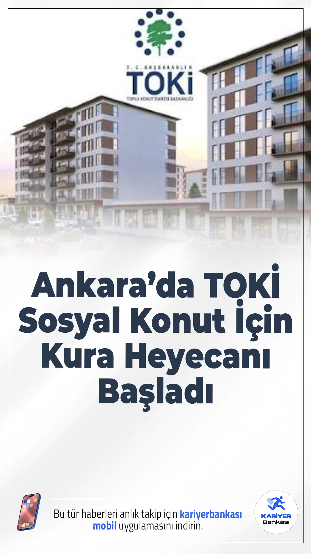 Ankara’da “TOKİ 500 Bin Sosyal Konut Projesi” İçin Kura Heyecanı Başladı.Toplu Konut İdaresi Başkanlığı (TOKİ) ile Çevre, Şehircilik ve İklim Değişikliği Bakanlığı koordinesinde yürütülen “Yüzyılın Sosyal Konut Projesi” kapsamında Ankara etabı için kura süreci başlıyor. Cumhuriyet tarihinin en kapsamlı sosyal konut hamlesi olarak gösterilen 500 bin konutluk proje çerçevesinde, başkentte binlerce aile yeni yuvasına kavuşacak.