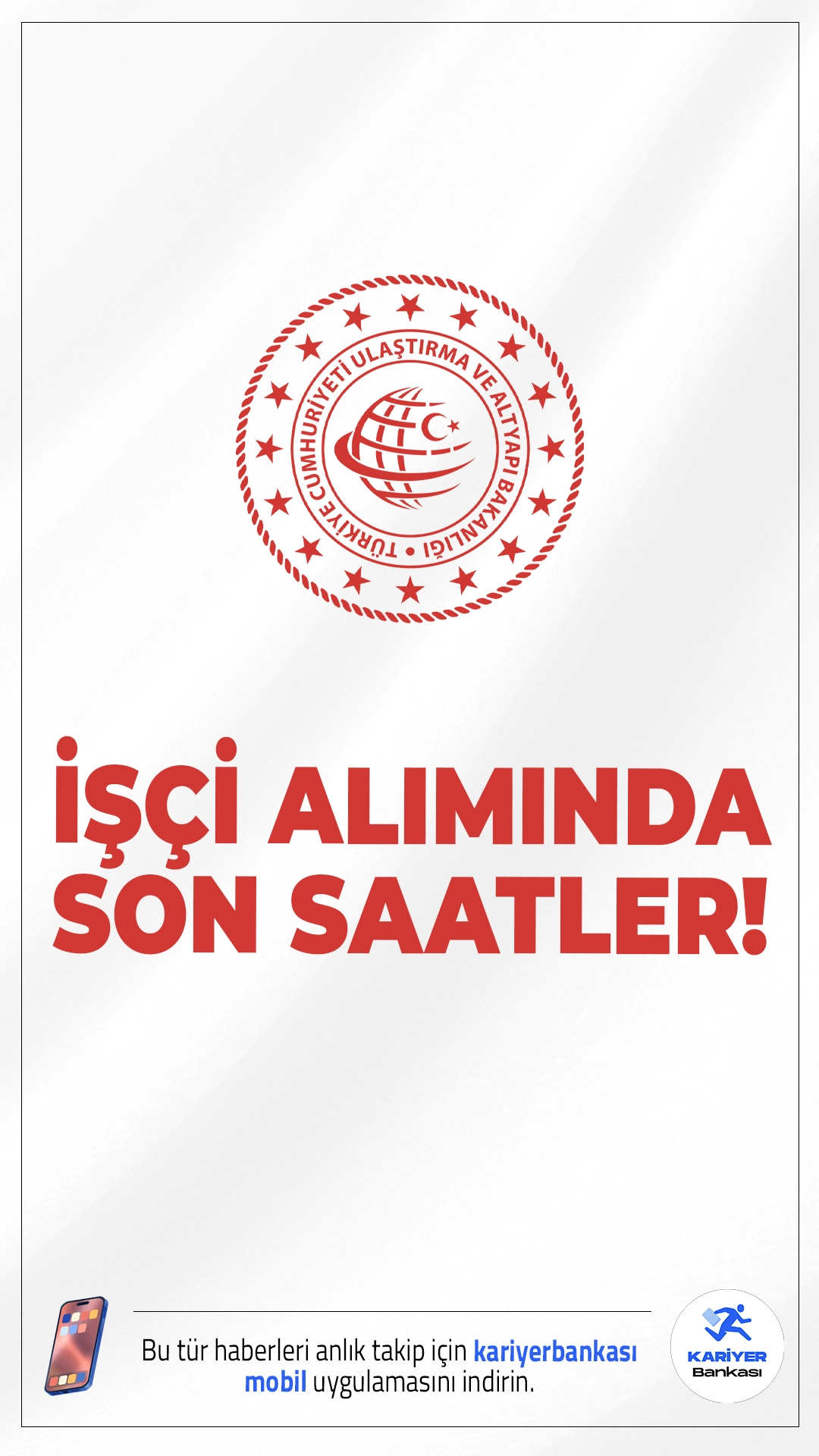 Ulaştırma Bakanlığı 30 İşçi Alımında Son Saatler.Ulaştırma ve Altyapı Bakanlığı, taşra teşkilatı birimlerinde görevlendirilmek üzere işçi alımı başvurularında son saatlere girildi. İlgili alım duyurusunda, Ulaştırma Bakanlığına en az ortaöğretim mezunlarından sürekli işçi alımı yapılacağı aktarılırken, başvuruların bugün (27 Şubat 2026) sona erecek..Başvuru şartları ve diğer detaylar bu haberimizde.