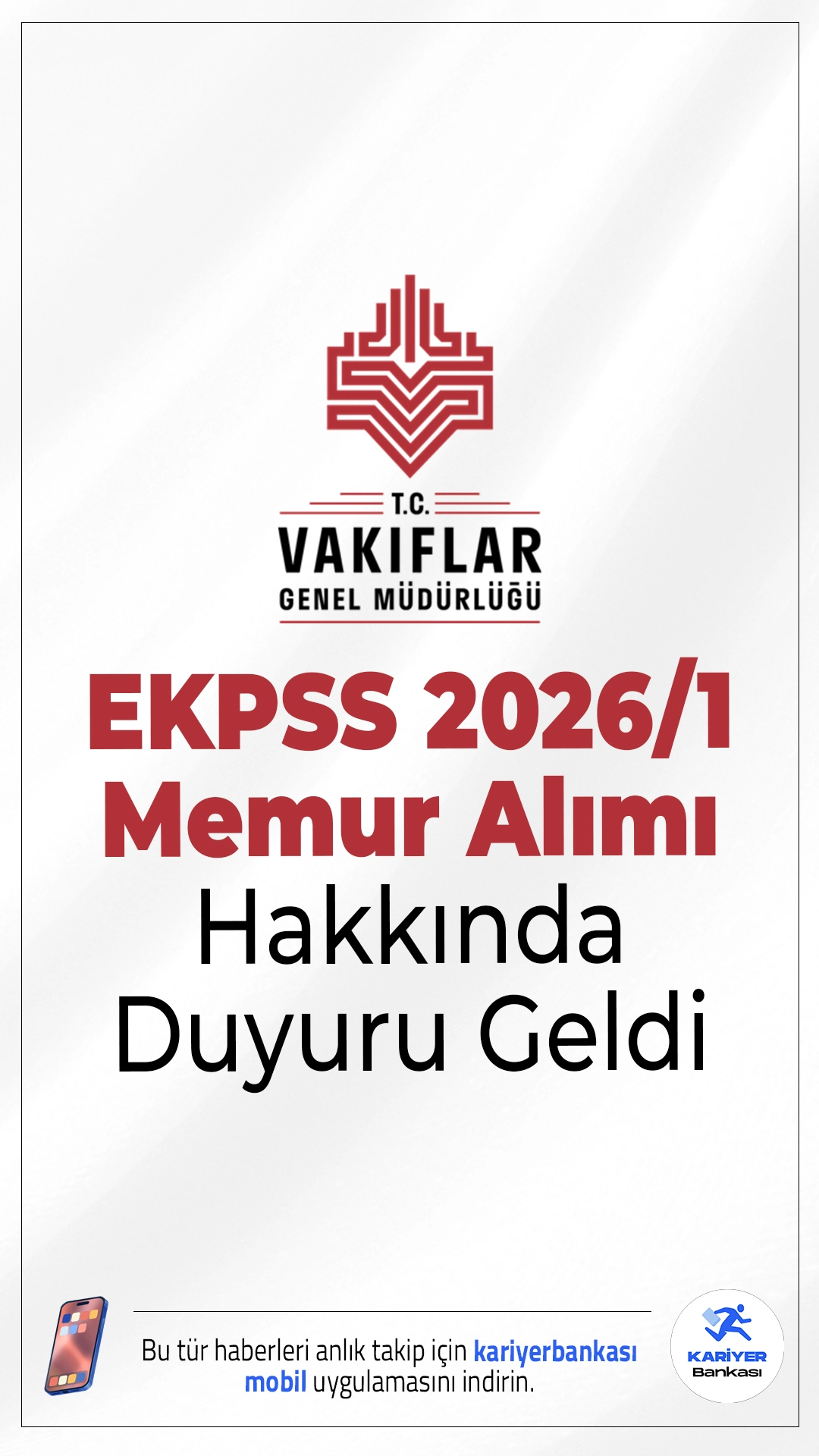 VGM EKPSS 2026/1 Memur Alımı Hakkında Duyuru. Vakıflar Genel Müdürlüğü (VGM) sayfasından yayımlanan duyuruda, ÖSYM EKPSS 2026-1 yerleştirme sonuçlarına göre; Genel Müdürlük kadrolarına yerleştirilen adayların aşağıda belirtilen belgeleri en geç 27.02.2026 günü mesai bitimine kadar aşağıda belirtilen adrese elden veya posta yolu ile teslim edilmesi gerektiği aktarıldı.