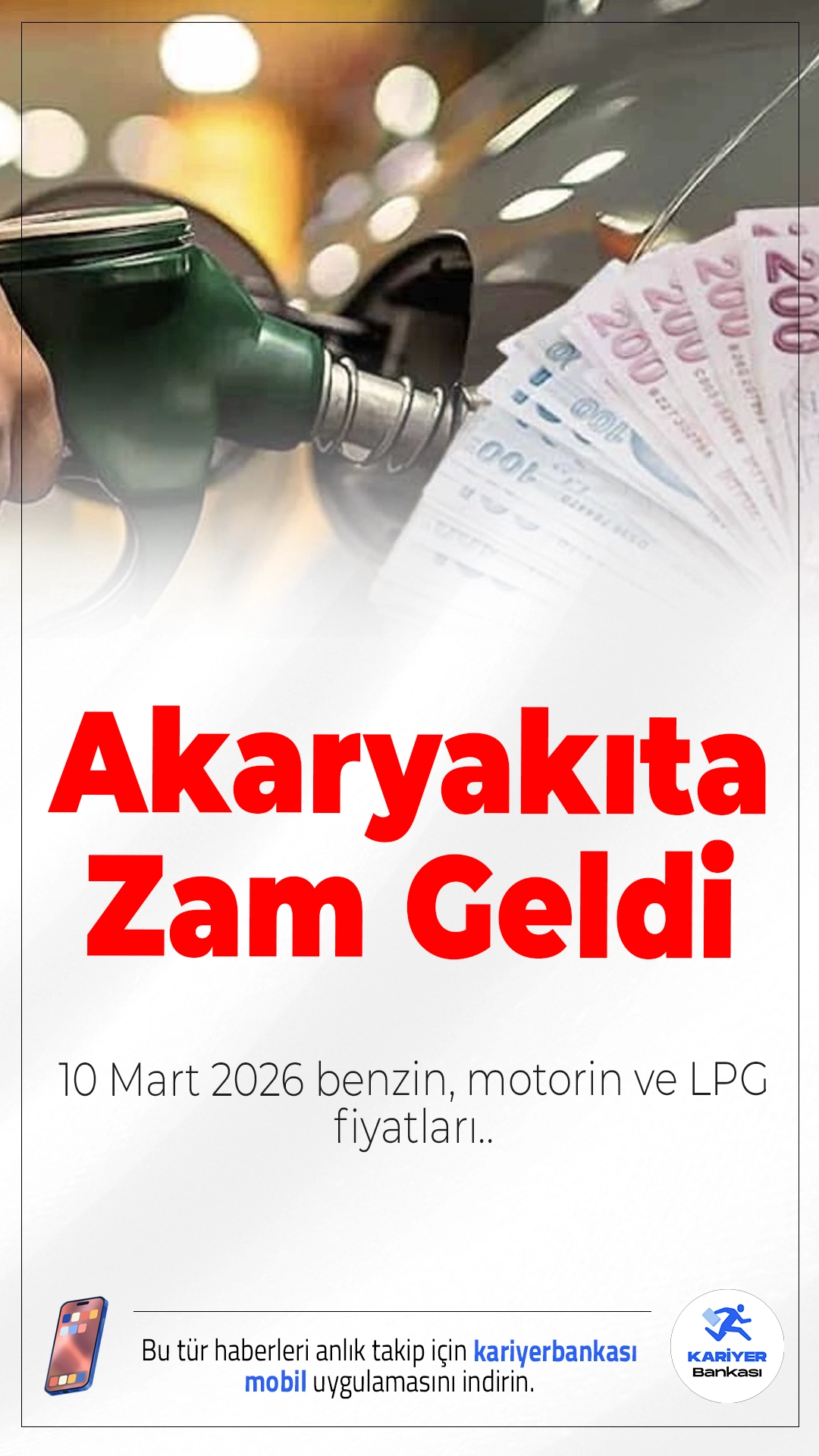 Akaryakıta Zam Geldi: 10 Mart 2026 Benzin, Motorin ve LPG Fiyatları.Brent petrol fiyatları ve döviz kurundaki hareketlilik akaryakıt fiyatlarını etkilemeye devam ediyor. 10 Mart 2026 itibarıyla benzin ve motorin fiyatlarına yeni zam geldi.