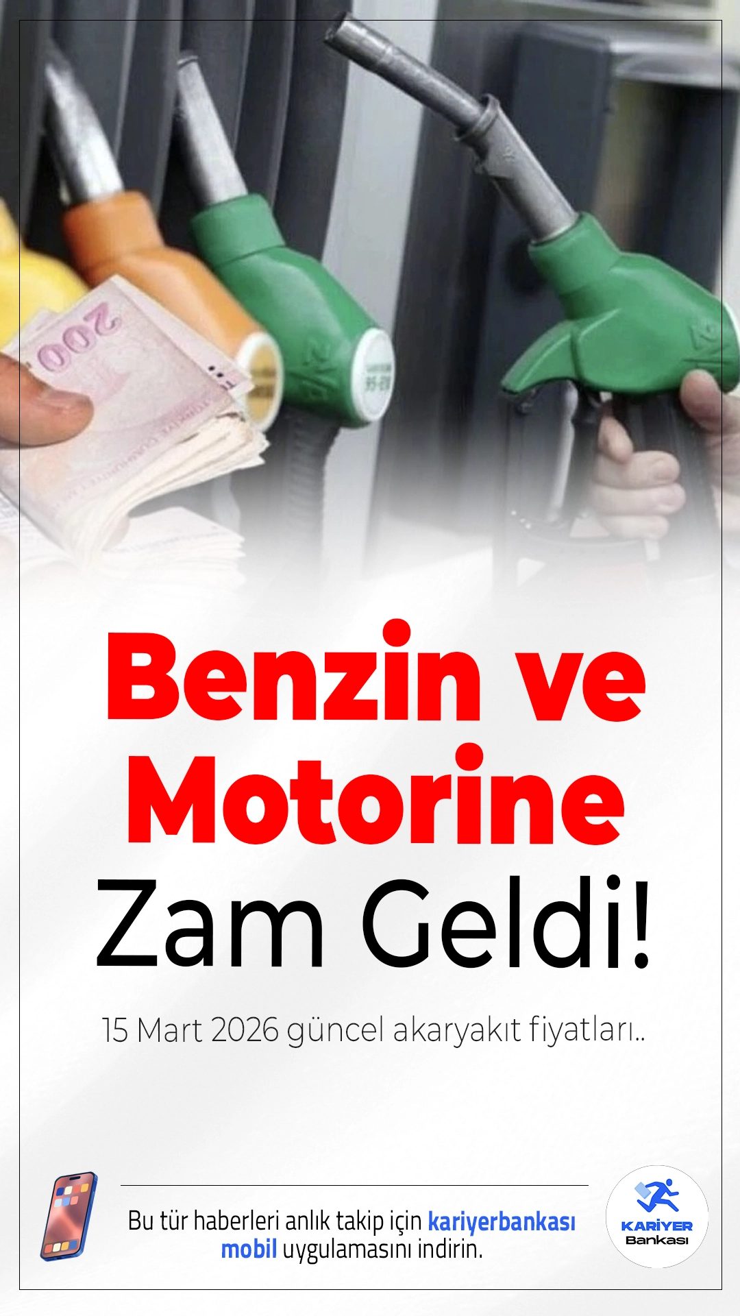 Benzin ve Motorine Zam Geldi! 15 Mart 2026 Güncel Akaryakıt Fiyatları.Akaryakıt fiyatlarında yeni bir artış yaşandı. 15 Mart 2026 itibarıyla benzine 55 kuruş, motorine ise 96 kuruş zam geldi. Güncel fiyatlar İstanbul, Ankara ve İzmir’de yeniden değişti.