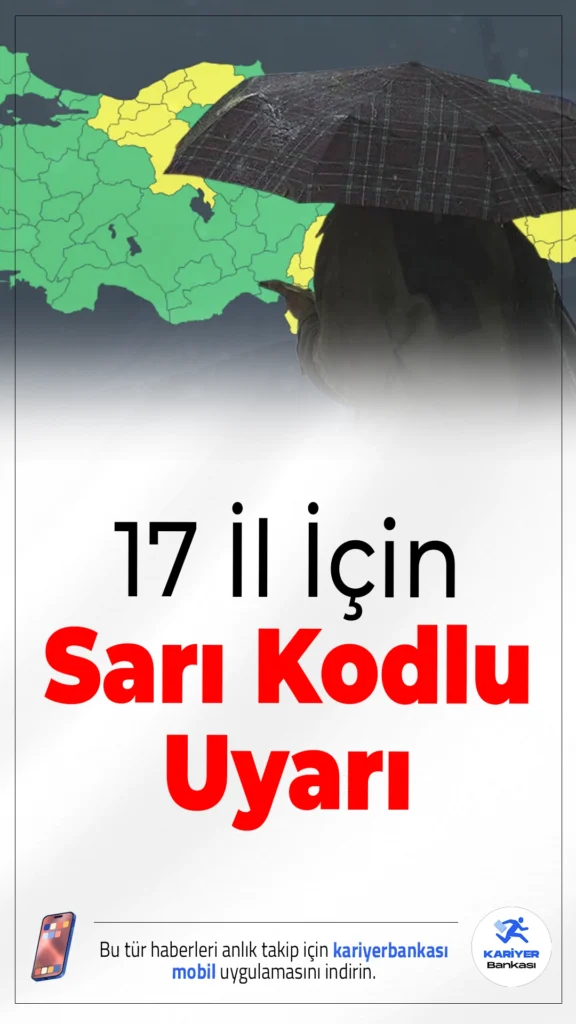 Meteoroloji’den 17 İl İçin Sarı Kodlu Uyarı: Kar ve Sağanak Geliyor.Yurt genelinde sağanak ve yer yer kar yağışı beklenirken, 17 il için sarı kodlu uyarı yapıldı. Kuvvetli yağış ve rüzgâra karşı dikkat çağrısı yapıldı.