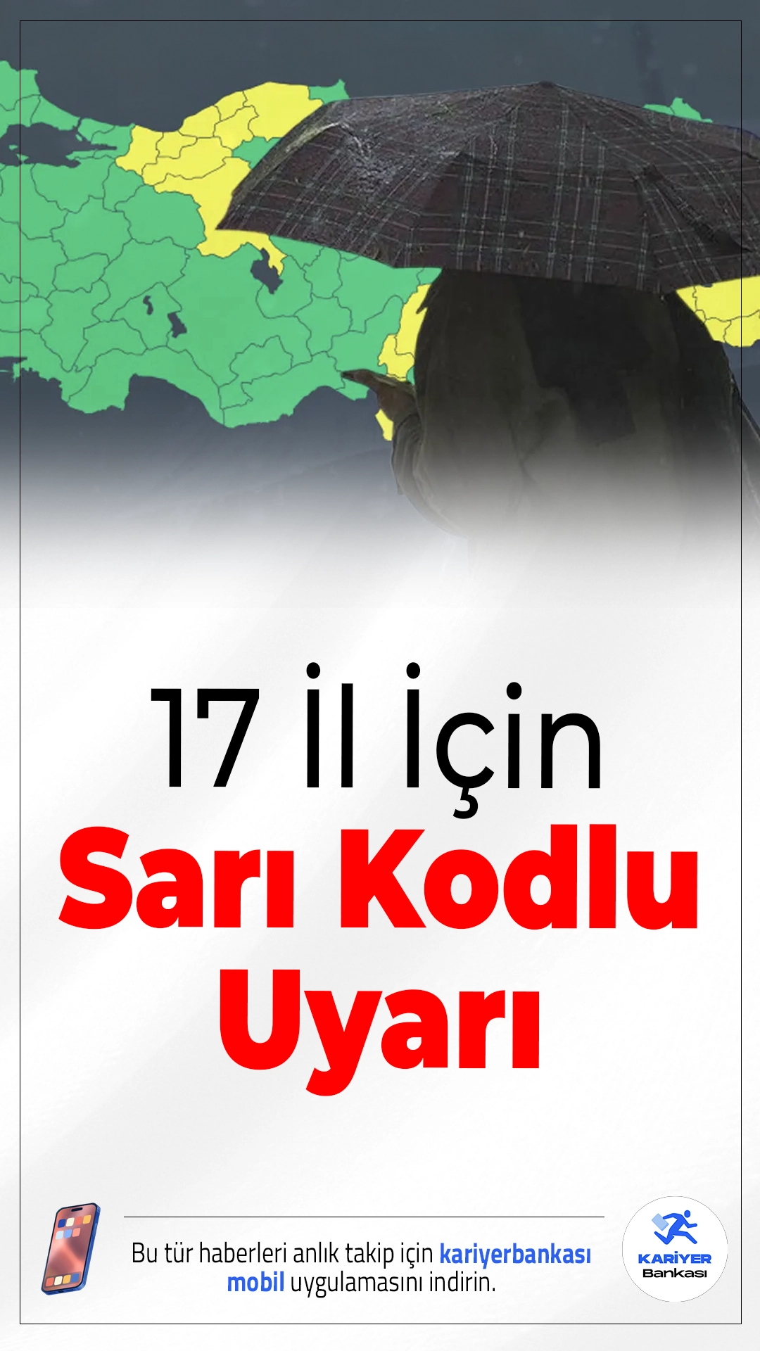 Meteoroloji’den 17 İl İçin Sarı Kodlu Uyarı: Kar ve Sağanak Geliyor.Yurt genelinde sağanak ve yer yer kar yağışı beklenirken, 17 il için sarı kodlu uyarı yapıldı. Kuvvetli yağış ve rüzgâra karşı dikkat çağrısı yapıldı.