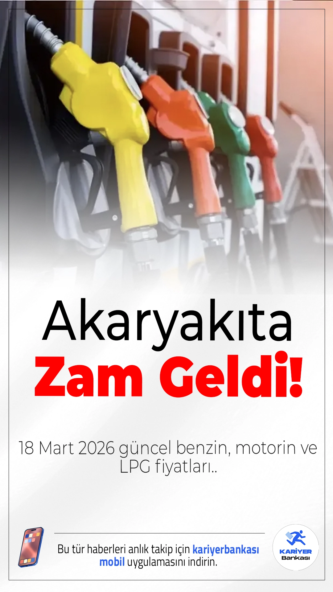 Akaryakıta Zam Geldi: İşte 18 Mart 2026 Güncel Benzin, Motorin ve LPG Fiyatları.Brent petrol ve dövizdeki hareketlilik sonrası benzine zam geldi, 18 Mart itibarıyla akaryakıt fiyatları yeniden yükseldi.