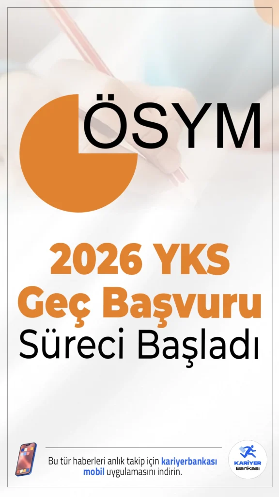 YKS Geç Başvuru Süreci Başladı.Üniversite hayali kuran milyonlarca öğrenciyi ilgilendiren 2026-Yükseköğretim Kurumları Sınavı (YKS) için geç başvurular alınmaya başladı. Ölçme, Seçme ve Yerleştirme Merkezi (ÖSYM) tarafından yapılan duyuruya göre başvuru tarihini kaçıran adaylar, iki gün sürecek geç başvuru döneminde işlemlerini tamamlayabilecek.