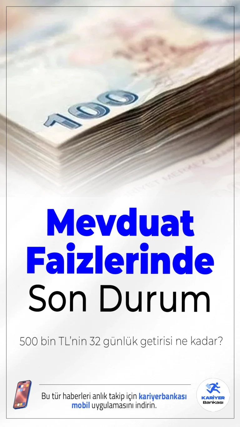 Mevduat Faizlerinde Son Durum! 500 Bin TL’nin 32 Günlük Getirisi Ne Kadar?Mart 2026 itibarıyla mevduat faizleri yükselirken, 500 bin TL’nin 32 günlük getirisi bankalara göre 12 bin TL ile 16 bin TL arasında değişiyor.