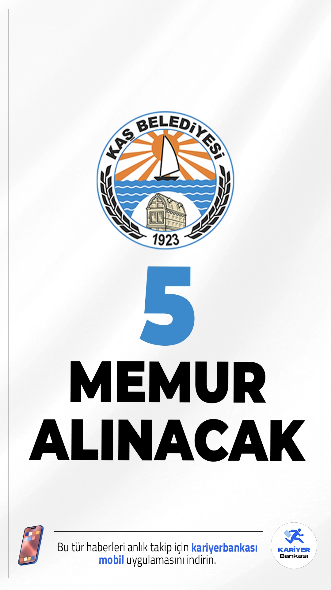 Kaş Belediyesi 5 Memur Alımı Yapacak.Antalya ili Kaş Belediye Başkanlığı tarafından yayımlanan ilana göre belediye bünyesinde istihdam edilmek üzere ilk defa atanmak üzere toplam 5 kamu personeli alımı gerçekleştirilecek. Alımlar 657 sayılı Devlet Memurları Kanunu kapsamında açıktan atama yöntemiyle yapılacak. Adayların başvuru yapabilmesi için KPSS puanı ve ilan edilen diğer şartları taşıması gerekiyor.