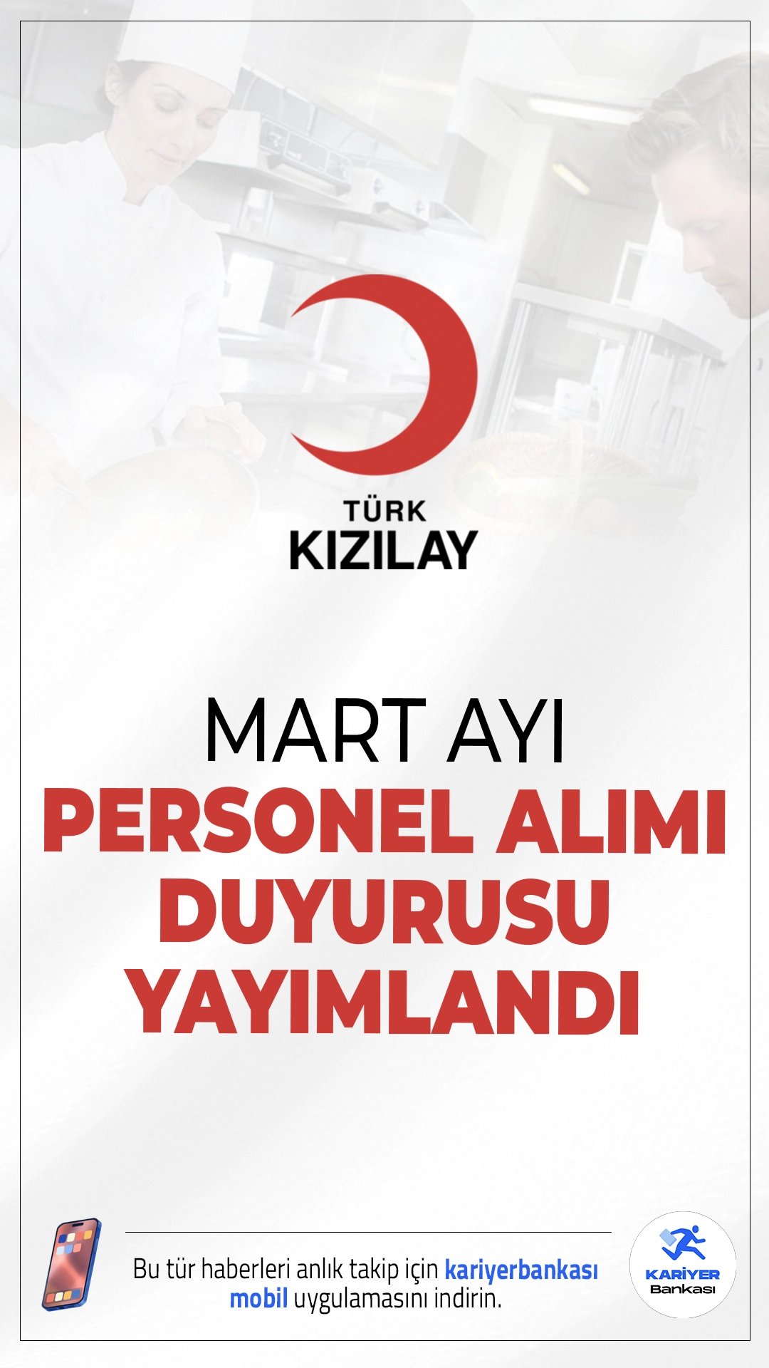 Kızılay Mart Personel Alımı Duyurusu Yayımlandı.Türk Kızılayı tarafından yayımlanan Mart ayı personel alımı ilanına göre, İstanbul Bakırköy’de bulunan Kızılay Bakım A.Ş. bünyesinde mutfak görevlisi alımı yapılacağı duyuruldu. Sosyal hizmet alanında faaliyet gösteren kurumda görev almak isteyen adaylar için önemli bir fırsat sunulurken, başvurular yerinde çalışma modeli ile gerçekleştirilecek.Başvuru şartları haberimizde.