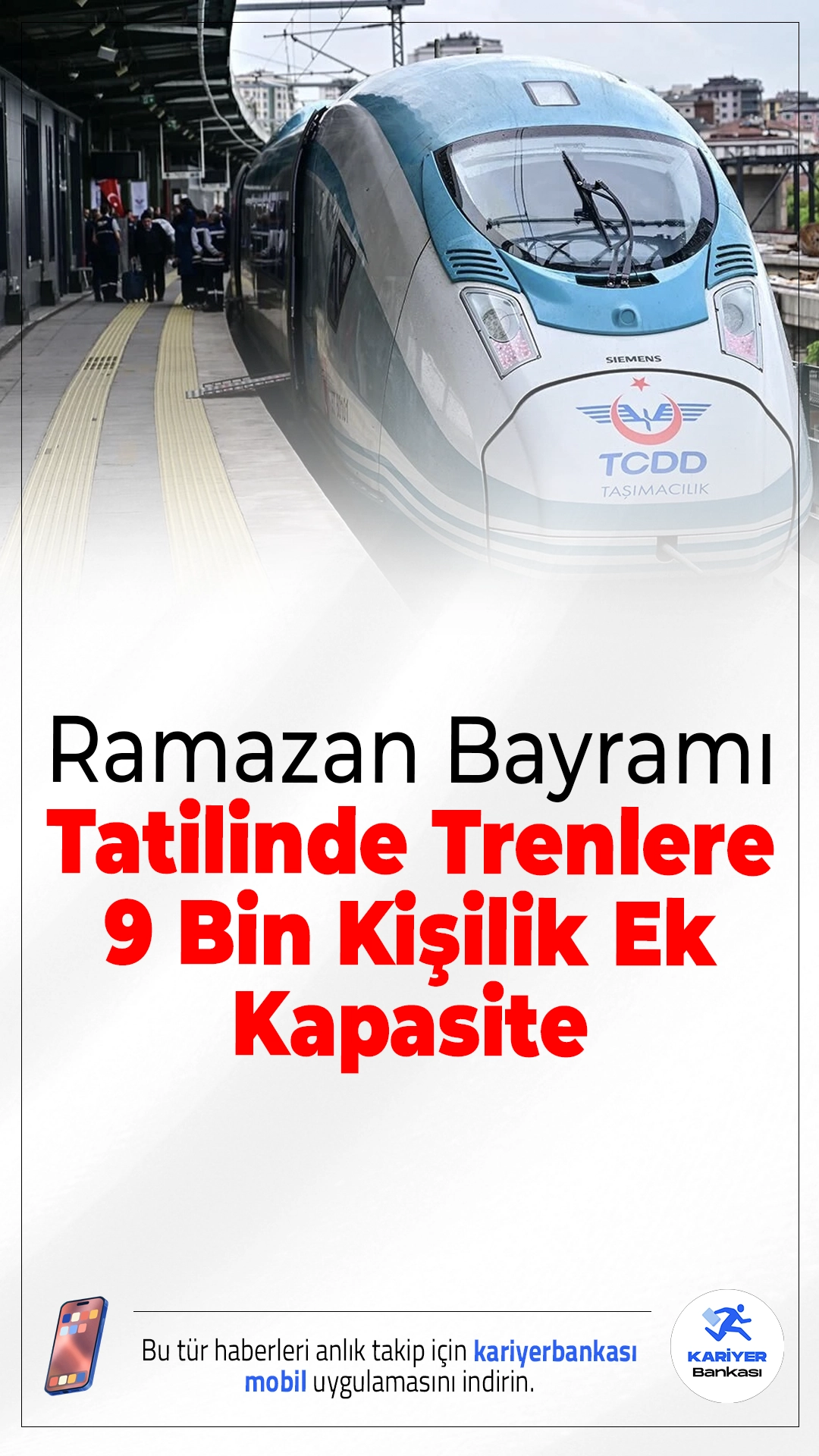 Ramazan Bayramı Tatilinde Trenlere 9 Bin Kişilik Ek Kapasite.Ramazan Bayramı tatilinde artan yolcu talebini karşılamak için tren seferlerine ek kapasite sağlandı. YHT başta olmak üzere birçok hatta ek sefer ve vagon planlandı.