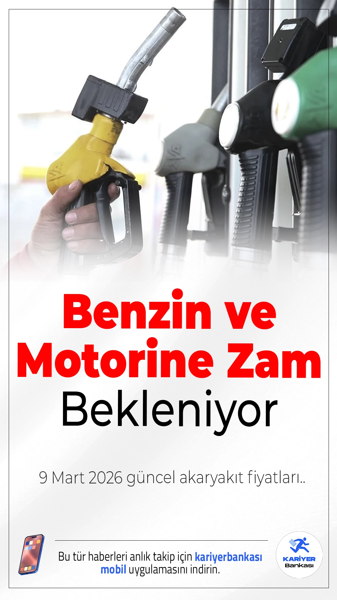 Benzin ve Motorine Zam Bekleniyor: 9 Mart 2026 Güncel Akaryakıt Fiyatları.Brent petrol fiyatlarındaki yükseliş, döviz kurundaki dalgalanmalar ve vergi düzenlemeleri akaryakıt fiyatlarını etkilemeye devam ediyor. Bu gelişmeler nedeniyle benzin ve motorin fiyatlarına yeni zam beklentisi oluştu.