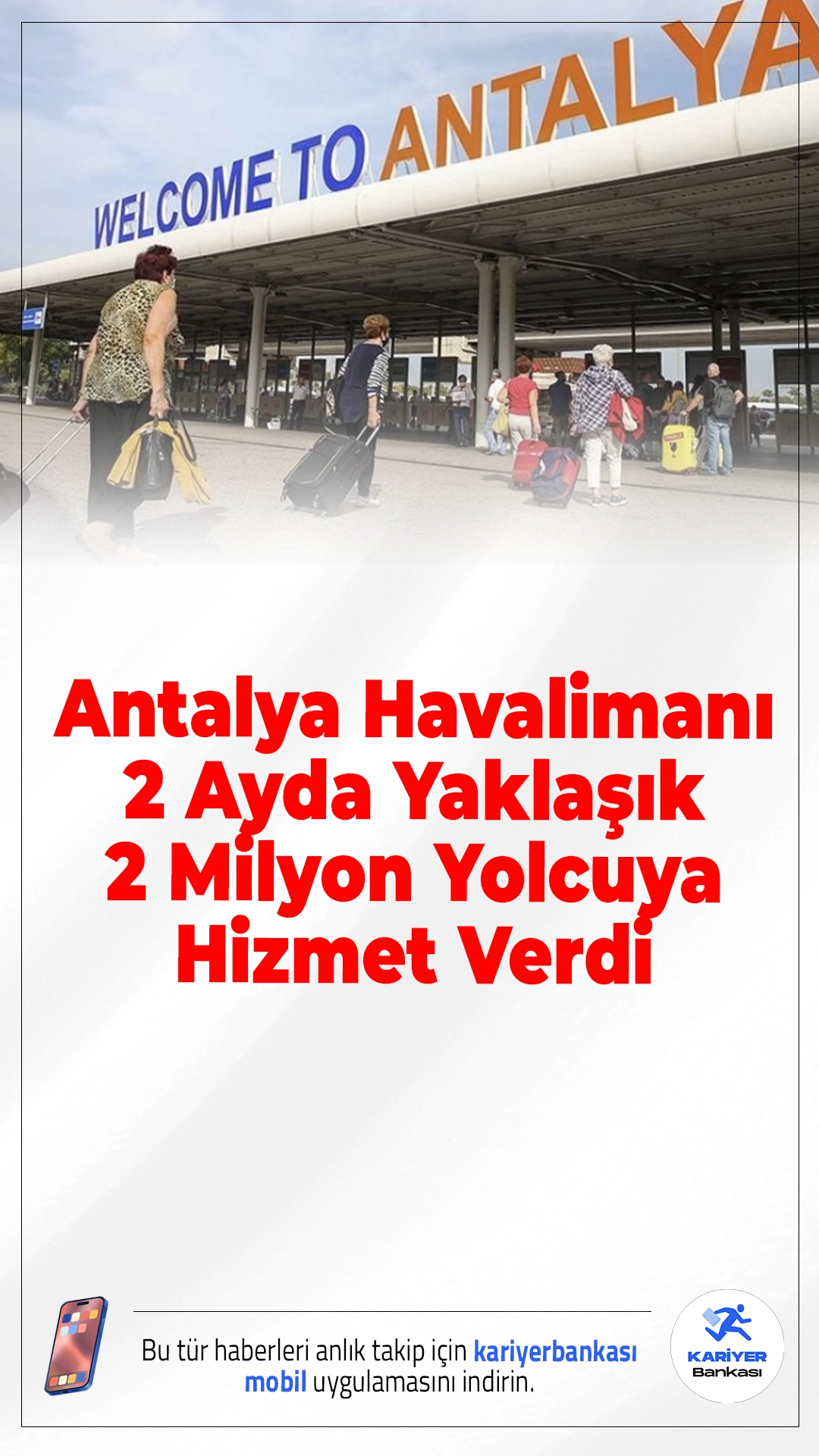 Antalya Havalimanı 2 Ayda Yaklaşık 2 Milyon Yolcuya Hizmet Verdi.Antalya Havalimanı, yılın ilk iki ayında 1 milyon 949 bini aşkın yolcu ağırlayarak yoğun hava trafiğiyle dikkat çekti.