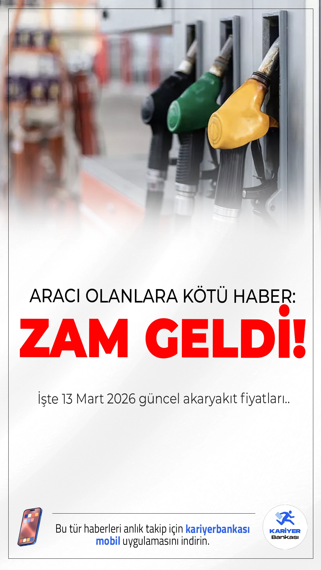Benzin ve Motorine Zam Geldi: İşte 13 Mart 2026 Güncel Akaryakıt Fiyatları.Brent petrol fiyatları ve döviz kurundaki dalgalanmaların etkisiyle akaryakıt fiyatlarında yeni artış yaşandı. Benzin ve motorin litre fiyatına zam geldi.