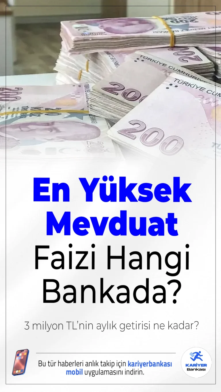 En Yüksek Mevduat Faizi Hangi Bankada? 3 Milyon TL’nin Aylık Getirisi Ne Kadar?Bankalar arasında mevduat faiz yarışının hızlanmasıyla birlikte yatırımcılar en yüksek getiriyi sunan bankaları araştırmaya başladı. 3 milyon TL’nin 1 aylık getirisi bazı bankalarda 90 bin TL’nin üzerine çıkabiliyor.