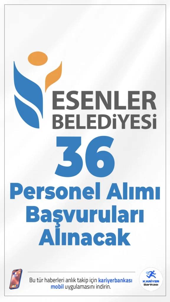 Esenler Belediyesi 36 Personel Alımı Başvuruları Alınacak.Esenler Belediye Başkanlığı sözleşmeli personel alımı başvuruları başladı. İlgili alım duyurusuna göre, Esenler Belediyesine, eğitmen, ekonomist, mühendis, kütüphaneci, mimar, şehir plancısı, ve tekniker ünvanlarında personel alınacak.Alımlar KPSS puanı esas alınarak sözlü sınav ile yapılacak. Başvuru şartları ve kadro detayları haberimizde.