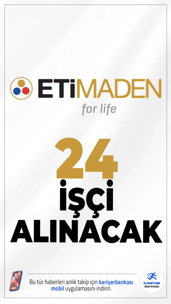 Eti Maden 24 İşçi Alımı Yapacak:Engelli ve Eski Hükümlü Kadroları Açıldı.Türkiye’nin önemli kamu kurumlarından biri olan Eti Maden İşletmeleri Genel Müdürlüğü, farklı işletmelerde görevlendirilmek üzere toplam 24 sürekli işçi alımı gerçekleştireceğini duyurdu. Yapılacak alımların 14’ü engelli, 10’u ise eski hükümlü / TMY (Terörle Mücadelede Yaralanan) kadroları için olacak. Başvurular İŞKUR üzerinden alınacak.