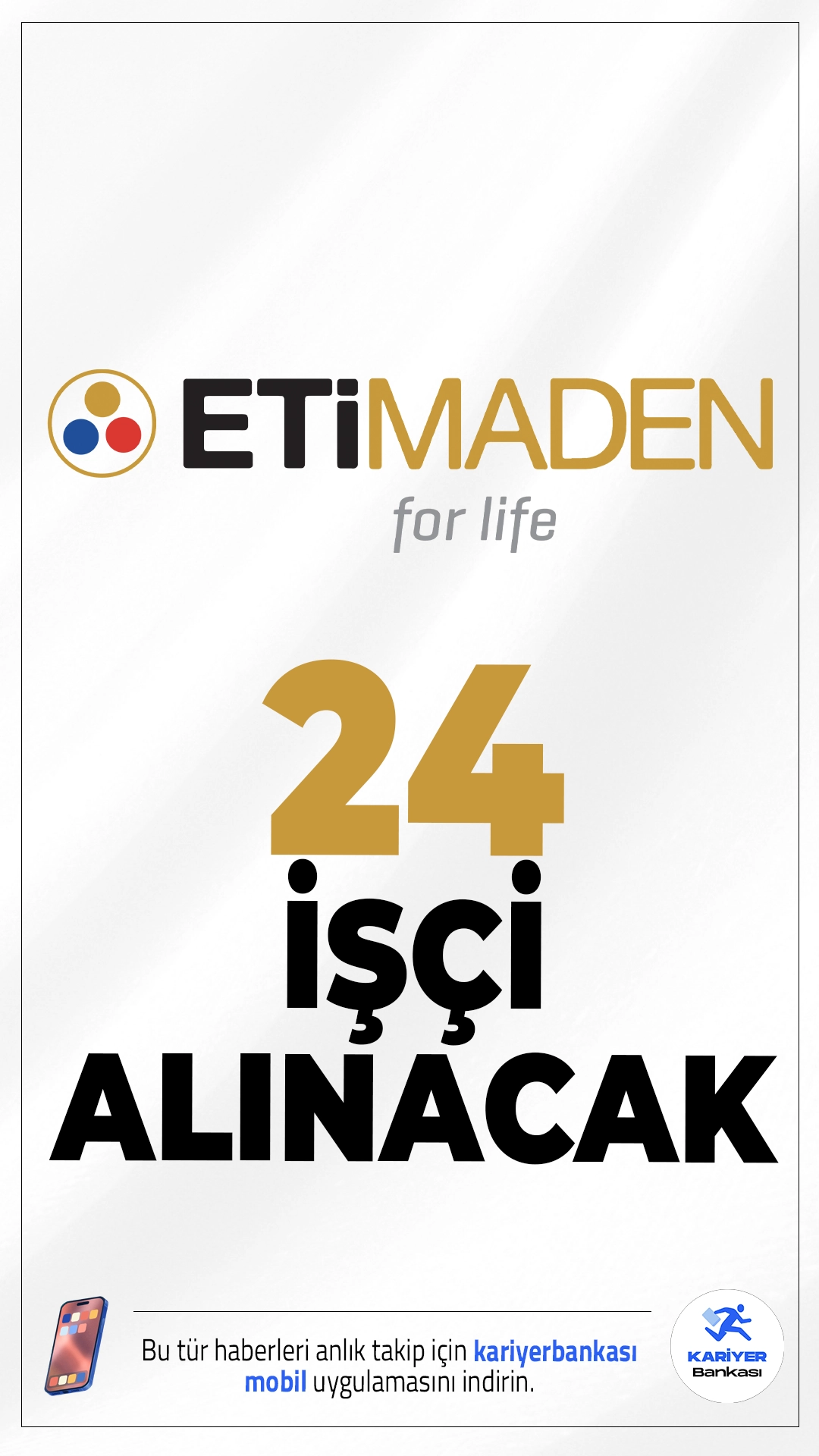 Eti Maden 24 İşçi Alımı Yapacak:Engelli ve Eski Hükümlü Kadroları Açıldı.Türkiye’nin önemli kamu kurumlarından biri olan Eti Maden İşletmeleri Genel Müdürlüğü, farklı işletmelerde görevlendirilmek üzere toplam 24 sürekli işçi alımı gerçekleştireceğini duyurdu. Yapılacak alımların 14’ü engelli, 10’u ise eski hükümlü / TMY (Terörle Mücadelede Yaralanan) kadroları için olacak. Başvurular İŞKUR üzerinden alınacak.