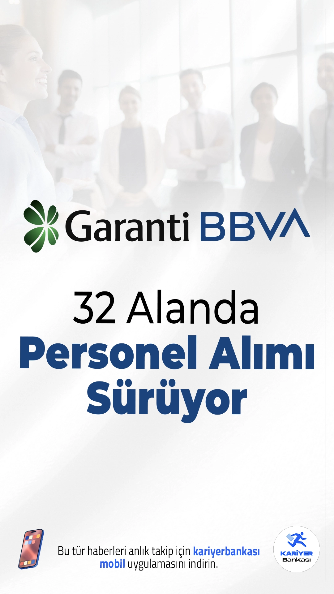 Garanti BBVA 32 Alanda Personel Alımı Sürüyor.Türkiye’nin önde gelen özel bankalarından Garanti BBVA, 2026 yılı için yeni personel alımı başvuruları sürüyor. Banka, 32 farklı alanda personel alımı gerçekleştirecek. Özellikle hem yeni mezunlar hem de deneyimli adaylar için geniş kariyer fırsatları sunulurken, alımların büyük bölümü İstanbul başta olmak üzere Ankara, Antalya, Samsun ve Sivas illerinde yapılacak.