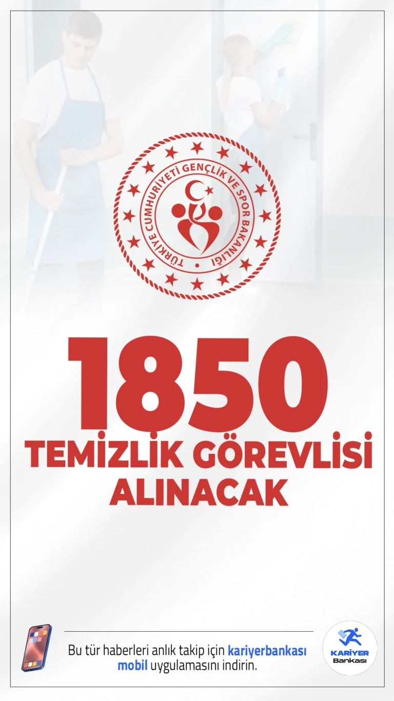 GSB 1850 Temizlik Görevlisi Alımı Başladı.Gençlik ve Spor Bakanlığı (GSB) tarafından Toplum Yararına Program (TYP) kapsamında toplam 1850 temizlik görevlisi alımı yapılacağı açıklandı. İŞKUR üzerinden yayımlanan ilanlara göre alımlar 9 farklı şehirde gerçekleştirilecek olup, başvuru süreci resmen başlamış durumda. Adaylar başvurularını online olarak İŞKUR e-şube üzerinden yapabilecek.
