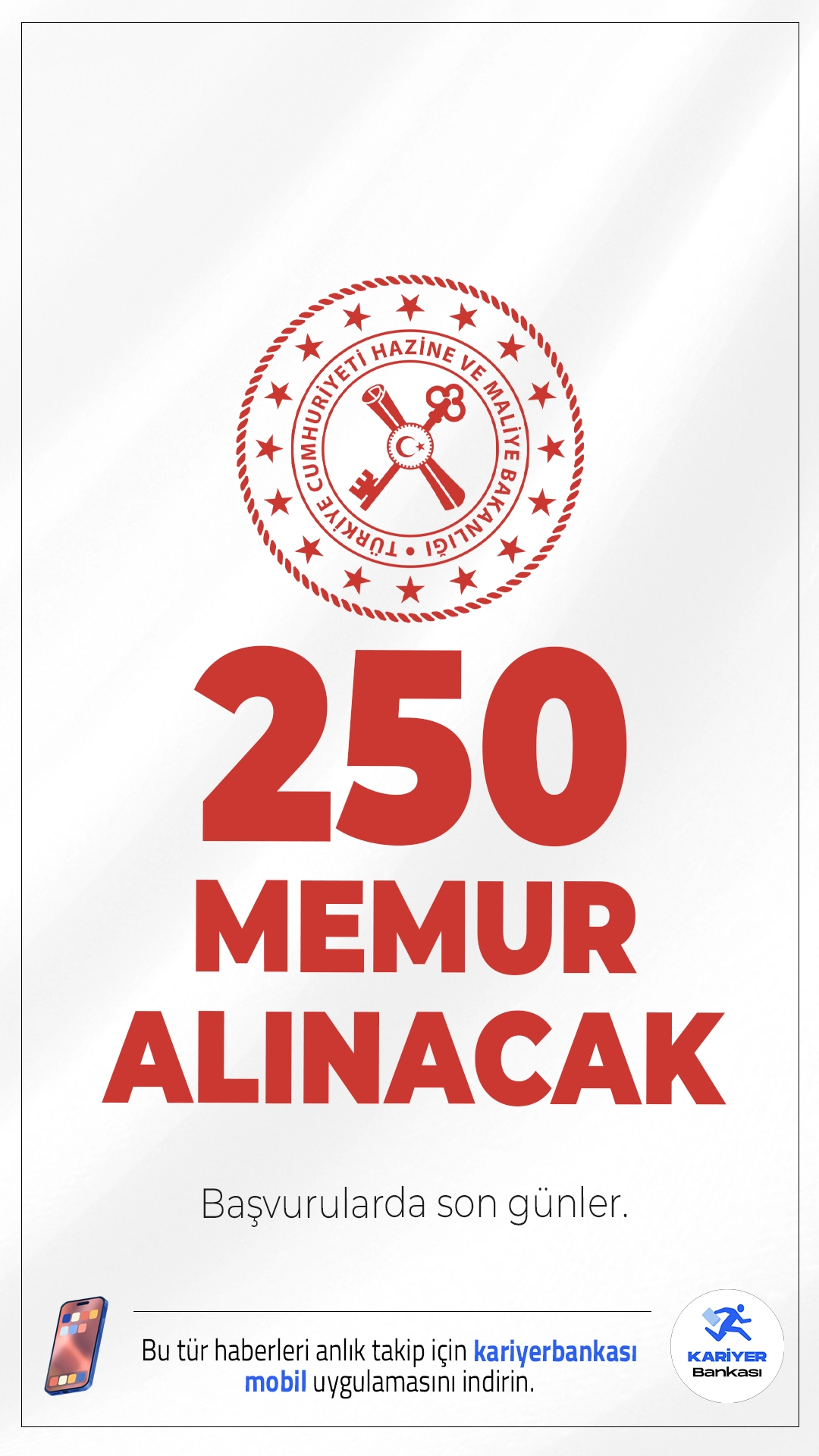Hazine Bakanlığı 250 Memur Alımında Son Günler.Hazine ve Maliye Bakanlığı memur alımı başvurularında son günlere girildi.Resmi Gazete'de yayımlanan duyuruda, Hazine Bakanlığına alım yapılacak kadroların 200’ü iktisadi ve idari bilimler fakültesi mezunlarından, 50’si ise mühendislik fakültesi mezunlarından seçileceği aktarıldı.Başvuru yapacak adayların belirtilen şartları sağlaması gerekmektedir.Başvuru şartları ve diğer detaylar bu haberimizde.