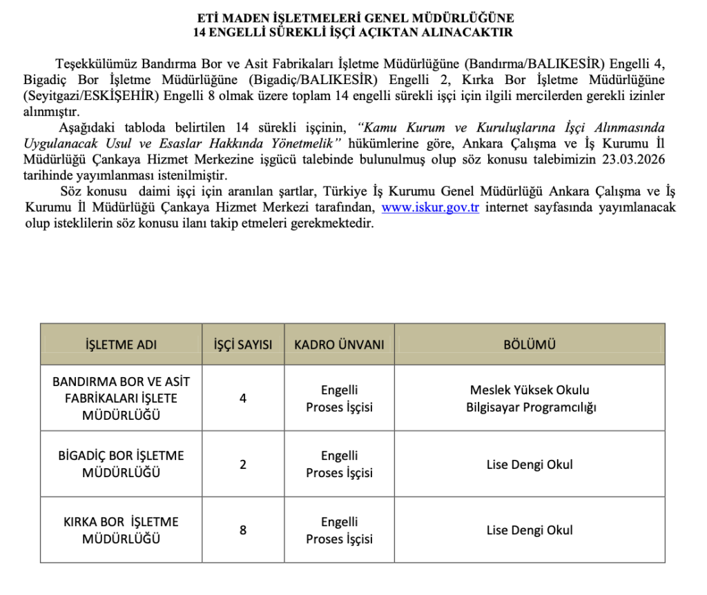Eti maden 14 Engelli Sürekli İşçi Alımı