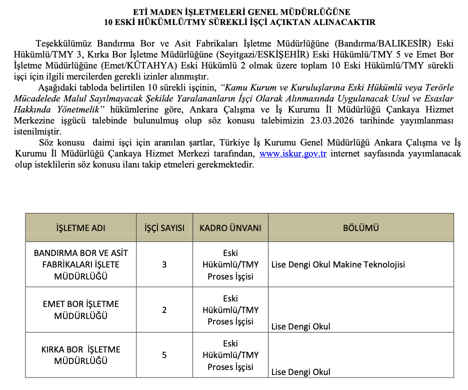 Eti maden 10 Eski Hükümlü / TMY İşçi Alımı