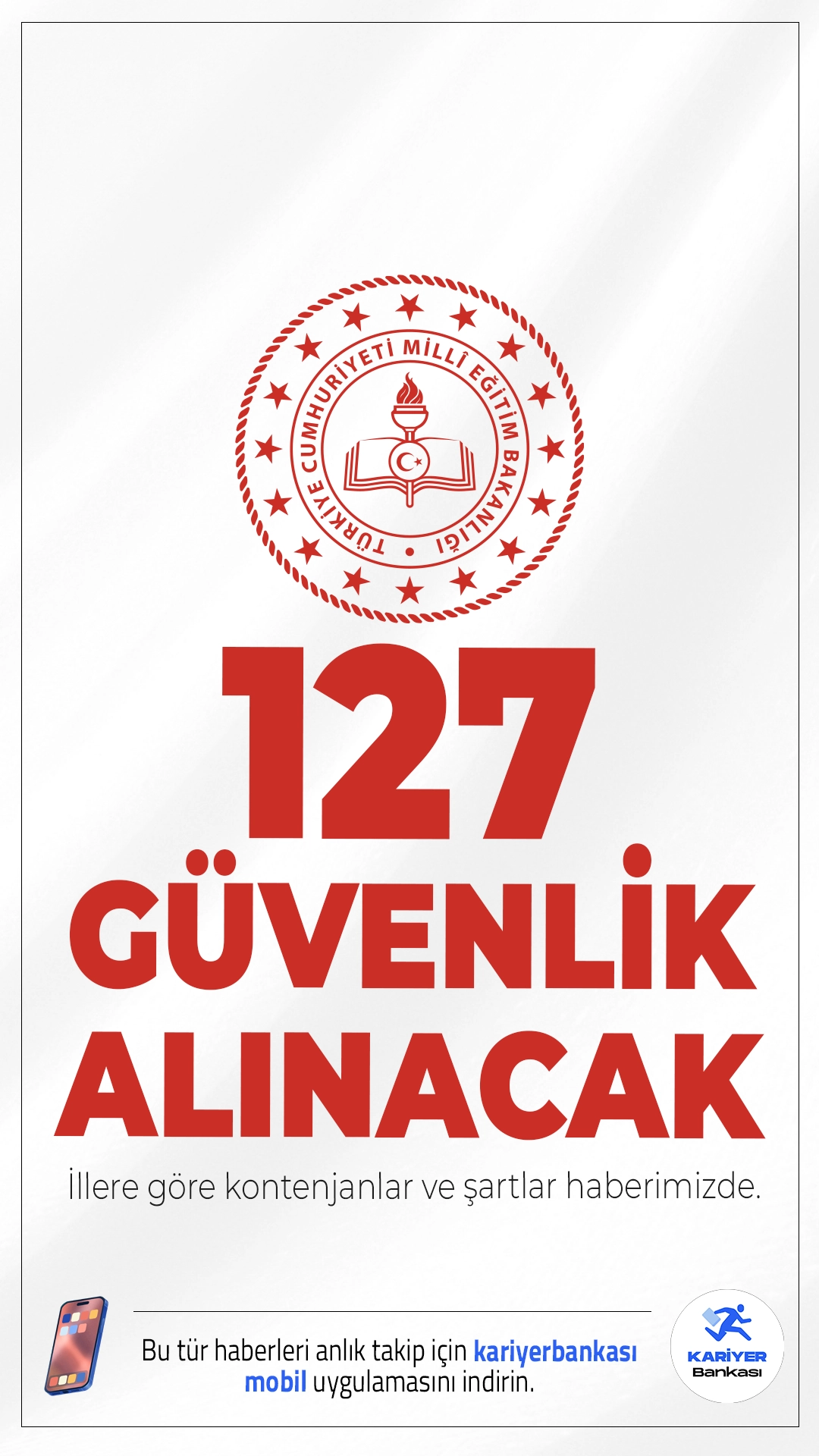 MEB 127 Güvenlik Görevlisi Alımı Yapacak.Milli Eğitim Bakanlığı (MEB) 903 personel alımı kapsamında koruma ve güvenlik görevlisi alacak. İlgili alım duyurusuna göre MEB'e ön lisans mezunu kadın-erkek adaylardan olmak üzere güvenlik alımı yapılacağı aktarılırken, başvuruların 2 Mart 2026 tarihi itibarıyla alınacağı kaydedildi. Başvuru şartları ve diğer detaylar bu haberimizde.