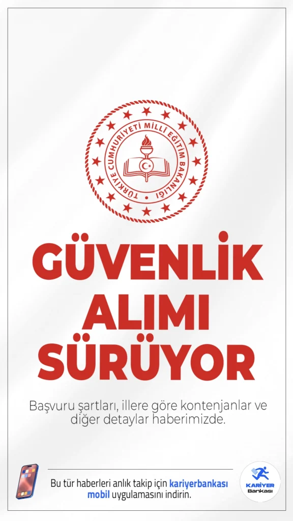 MEB 127 Güvenlik Görevlisi Alımı Sürüyor.Milli Eğitim Bakanlığı (MEB) 903 personel alımı kapsamında koruma ve güvenlik görevlisi alımı başvuruları devam ediyor. İlgili alım duyurusunda, MEB'e ön lisans mezunu kadın-erkek adaylardan olmak üzere güvenlik alımı yapılacağı aktarıldı. Başvurular 6 Mart 2026 tarihine kadar sürecek.Başvuru şartları, illere göre kontenjanlar ve diğer detaylar bu haberimizde.
