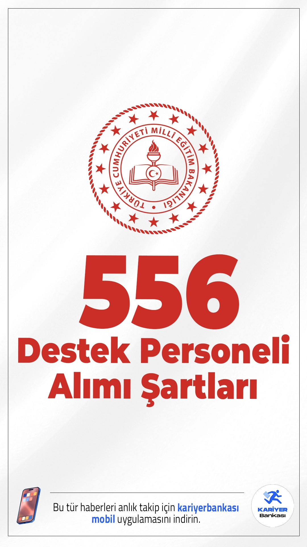 MEB 556 Destek Personeli Alımı Şartları.Milli Eğitim Bakanlığı (MEB) çeşitli branşlarda destek personeli başvuruları alınacak. İlgili alım duyurusunda, MEB'e şoför, kaloriferci, aşçı, kat görevlisi ve yardımcı hizmetler branşlarında olmak üzere toplamda 556 destek personeli alımı yapılacağı aktarıldı. Başvuru yapacak adayların genel şartların yanı sıra özel şartları dikkatle incelemesi gerekmektedir.Başvuru sayfası ve şartlar haberimizde.