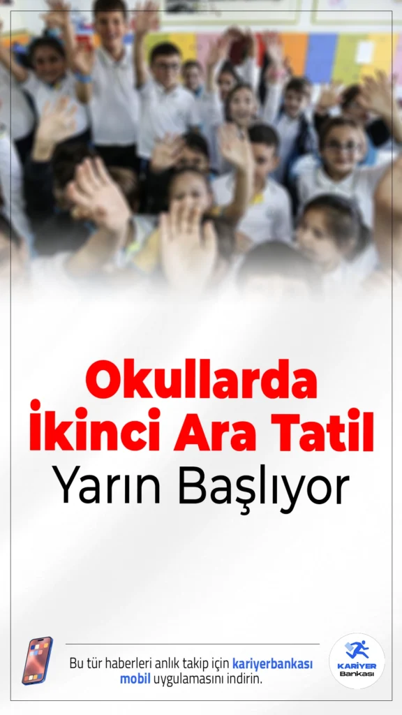 Okullarda İkinci Ara Tatil Yarın Başlıyor.Milli Eğitim Bakanlığına (MEB) bağlı ilk ve ortaöğretim kurumlarında eğitim gören öğrenciler için 2025-2026 eğitim öğretim yılının ikinci ara tatili yarın başlıyor. Hafta sonunun da eklenmesiyle öğrenciler toplam 9 gün tatil yapacak. Bu yıl Ramazan Bayramı’nın da ara tatilin son günlerine denk gelmesi nedeniyle öğrenciler için uzun bir dinlenme fırsatı oluşacak.