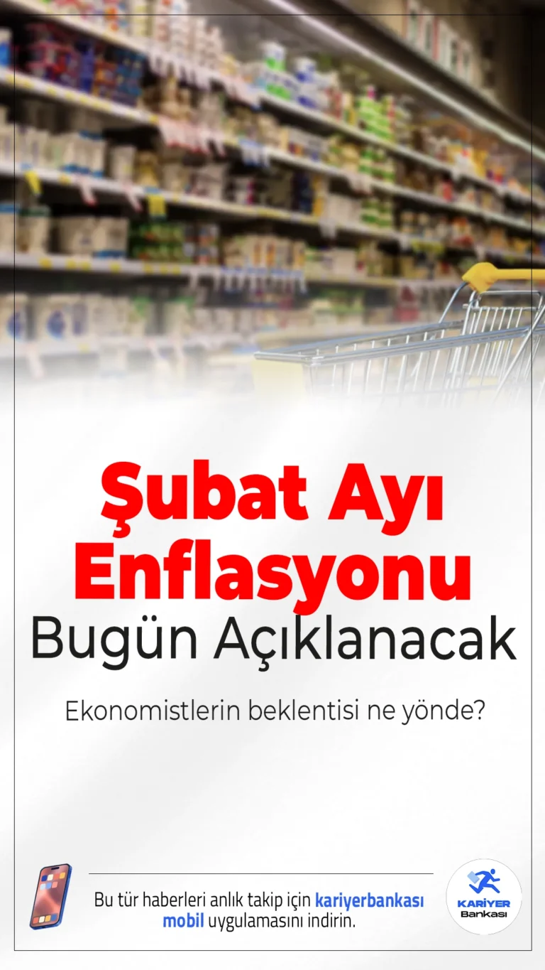 Şubat Ayı Enflasyonu Bugün Açıklanacak.TÜİK’in bugün duyuracağı şubat enflasyon verileri öncesinde aylık beklenti yüzde 2,87, yıllık enflasyon tahmini ise yüzde 31,42 seviyesinde bulunuyor.