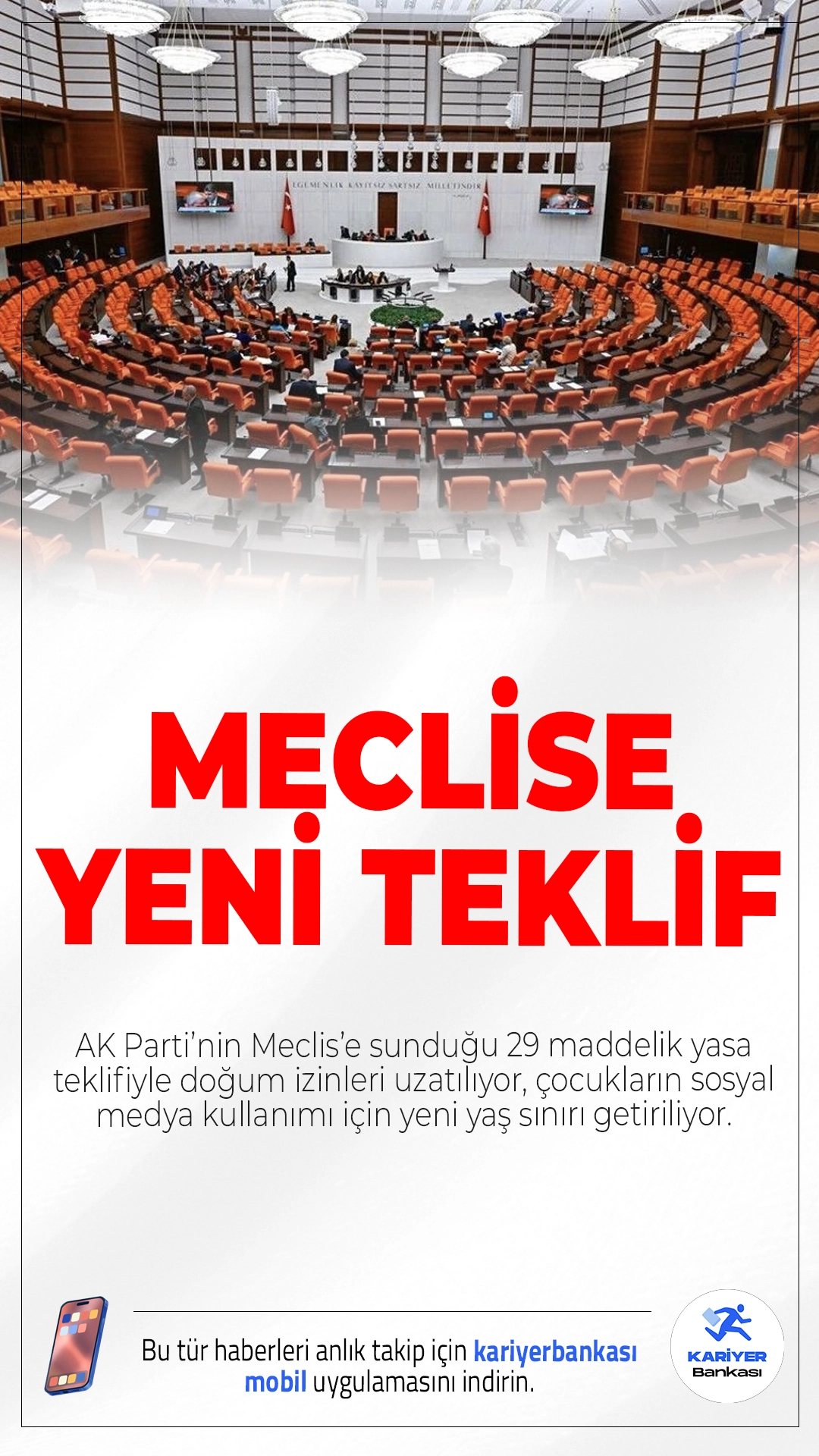 Meclis’e Yeni Teklif: Doğum İzni 24 Haftaya Çıkıyor, 15 Yaş Altına Sosyal Medya Yasağı.AK Parti’nin Meclis’e sunduğu 29 maddelik yasa teklifiyle doğum izinleri uzatılıyor, çocukların sosyal medya kullanımı için yeni yaş sınırı getiriliyor.