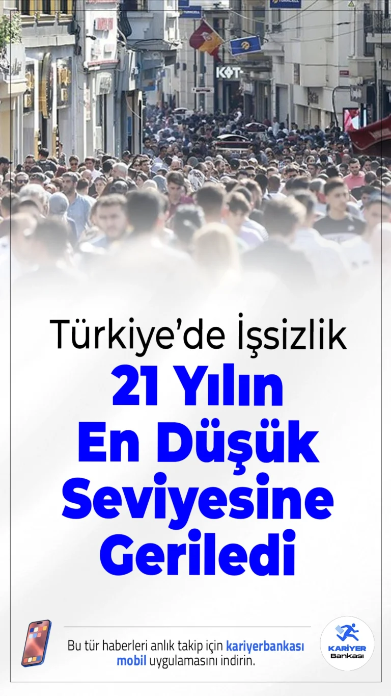 Türkiye’de İşsizlik 21 Yılın En Düşük Seviyesine Geriledi.2025 yılında işsizlik oranı yüzde 8,3’e düşerek son 21 yılın en düşük seviyesine indi, genç işsizlikte de gerileme dikkat çekti.