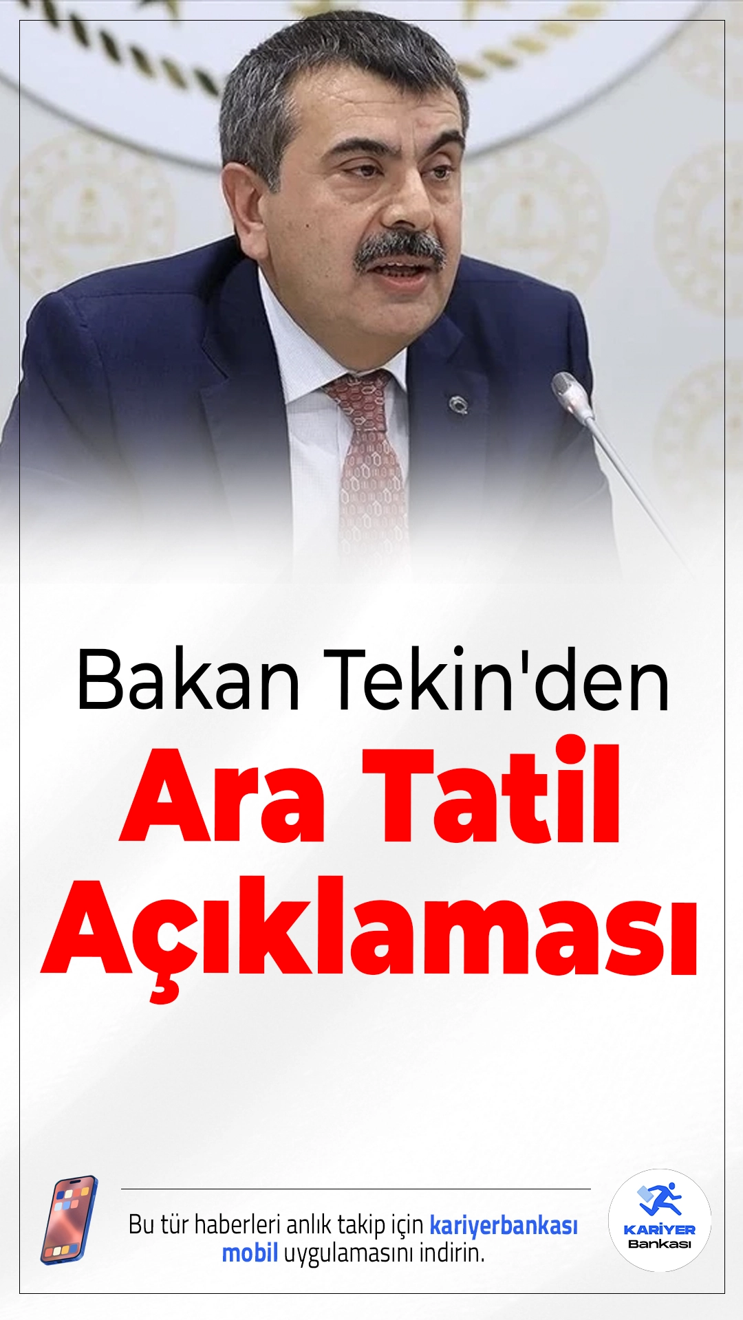 Bakan Tekin'den Ara Tatil Açıklaması.Milli Eğitim Bakanı Yusuf Tekin, okullarda ara tatillerin kaldırıldığı yönündeki iddialara açıklık getirdi. Tekin, ara tatilin kaldırılmadığını belirterek, takvimde yapılan değişikliklerin mevzuattaki 180 iş günü şartı nedeniyle teknik bir zorunluluktan kaynaklandığını söyledi.