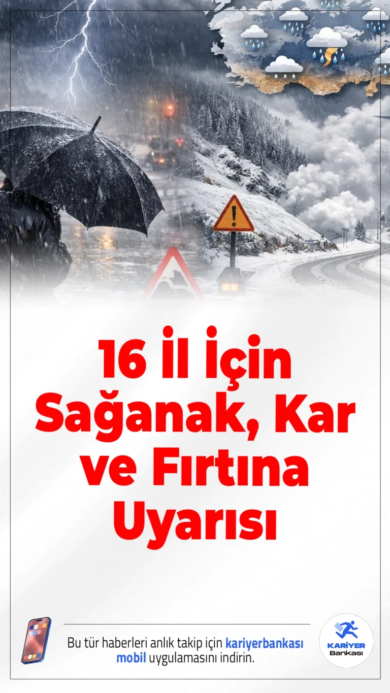 Meteoroloji’den 16 İl İçin Sağanak, Kar ve Fırtına Uyarısı.Meteoroloji, doğu ve kuzey bölgelerde etkili olacak yağış, kar ve fırtına nedeniyle 16 il için sarı kodlu uyarı yayımladı.
