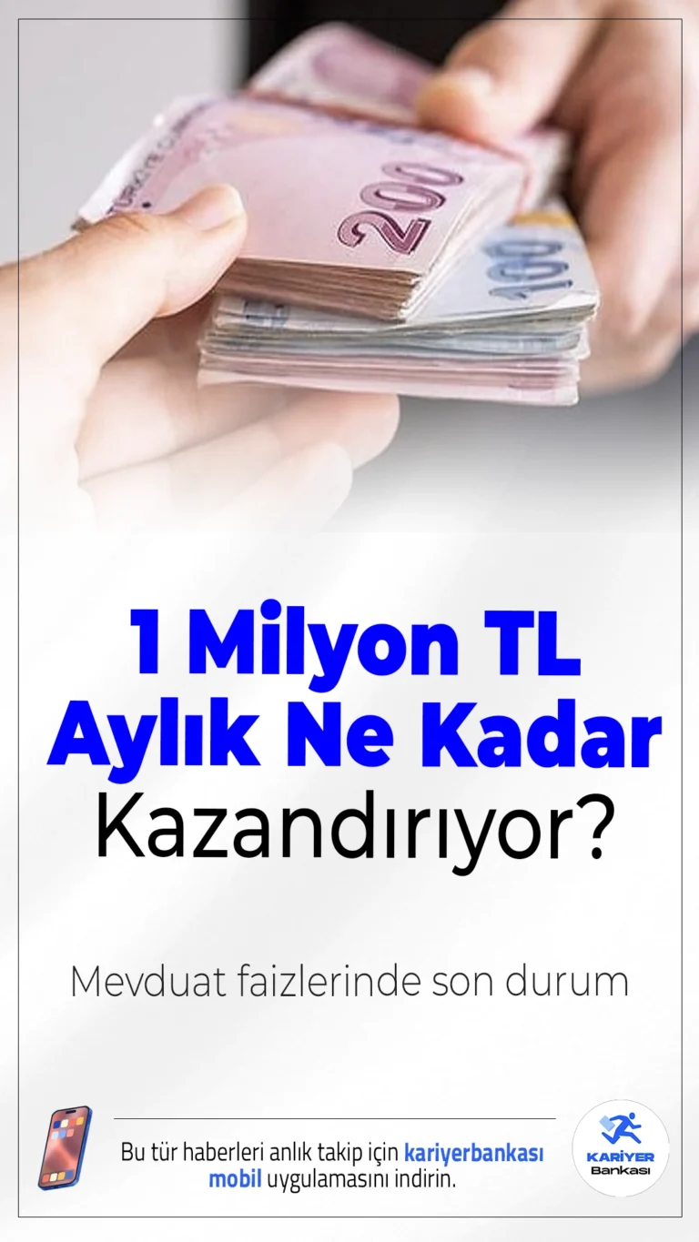 Mevduat Faizlerinde Son Durum: 1 Milyon TL Aylık Ne Kadar Kazandırıyor?Mevduat faizleri %46’yı aşarken, 1 milyon TL’nin aylık getirisi 32 bin TL seviyesine kadar yükseldi.
