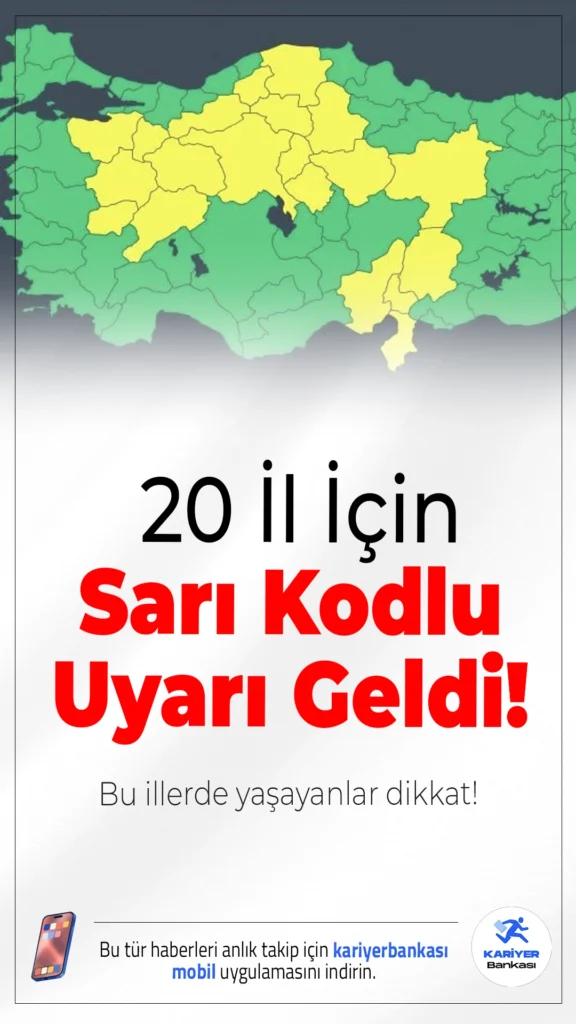 Meteoroloji’den 20 İl İçin Sarı Kodlu Uyarı.Meteoroloji’nin son tahminlerine göre birçok bölgede yağış etkili olacak, sıcaklıklar düşecek ve 20 il için sarı kodlu uyarı verildi.