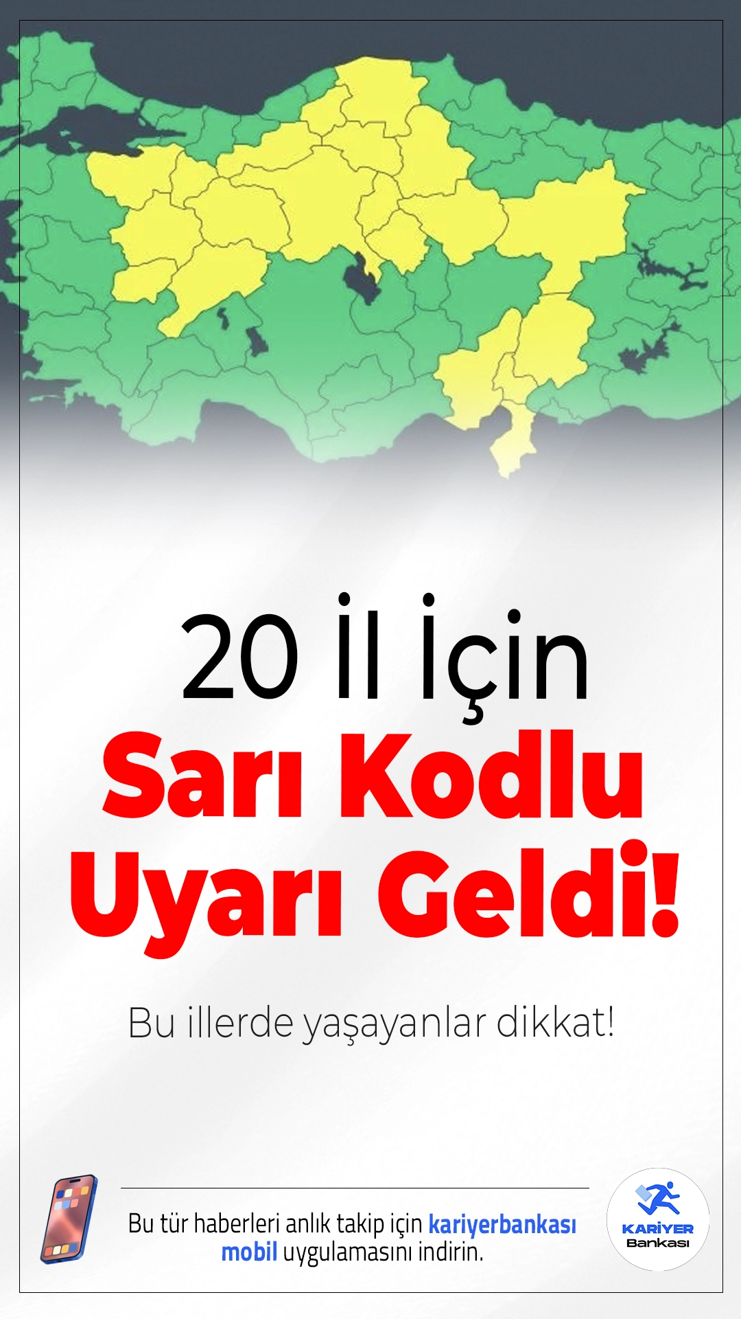Meteoroloji’den 20 İl İçin Sarı Kodlu Uyarı.Meteoroloji’nin son tahminlerine göre birçok bölgede yağış etkili olacak, sıcaklıklar düşecek ve 20 il için sarı kodlu uyarı verildi.