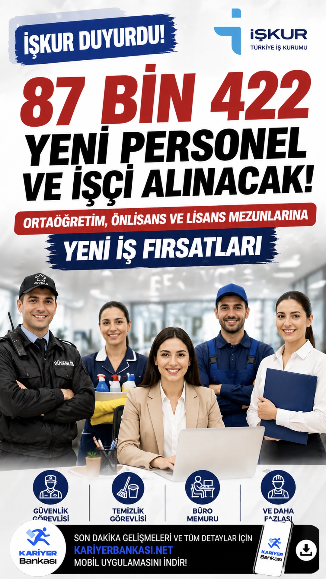İŞKUR üzerinden kamu ve özel sektöre toplamda 87 bin 422 personel ve işçi alımı için süreç devam ediyor. Büro personeli ile güvenlik alımı başvuru şartları belli oldu.