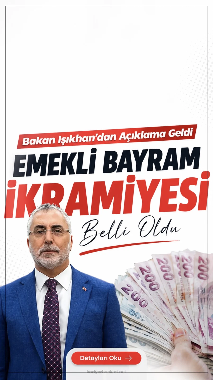 Çalışma ve Sosyal Güvenlik Bakanı Vedat Işıkhan, milyonlarca emeklinin merakla beklediği Kurban Bayramı ikramiyesine ilişkin açıklama yaptı. Bakan Işıkhan, Kurban Bayramı’nda ödenecek ikramiyenin Ramazan Bayramı’ndaki tutarla aynı olacağını belirtti. Buna göre emeklilere 4 bin TL bayram ikramiyesi ödenecek.