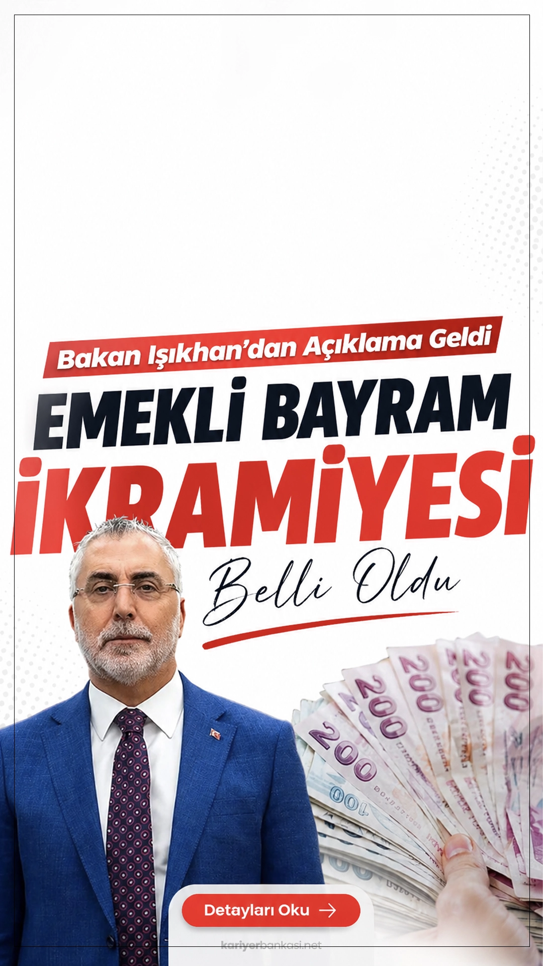 Çalışma ve Sosyal Güvenlik Bakanı Vedat Işıkhan, milyonlarca emeklinin merakla beklediği Kurban Bayramı ikramiyesine ilişkin açıklama yaptı. Bakan Işıkhan, Kurban Bayramı’nda ödenecek ikramiyenin Ramazan Bayramı’ndaki tutarla aynı olacağını belirtti. Buna göre emeklilere 4 bin TL bayram ikramiyesi ödenecek.