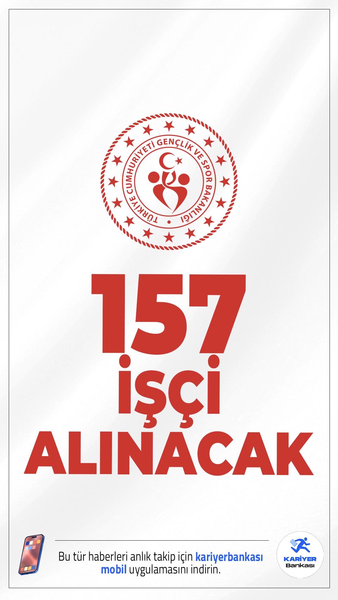 GSB 157 Sürekli İşçi Alımı Yapacak.Gençlik ve Spor Bakanlığı, taşra teşkilatında görevlendirilmek üzere toplam 157 sürekli işçi alımı yapacak. Bakanlık tarafından yayımlanan duyuruya göre alımlar temizlik görevlisi meslek kolunda gerçekleştirilecek. Kontenjanların 45’i engelli, 112’si ise eski hükümlü veya terörle mücadelede malul sayılmayacak şekilde yaralanan adaylara ayrıldı.